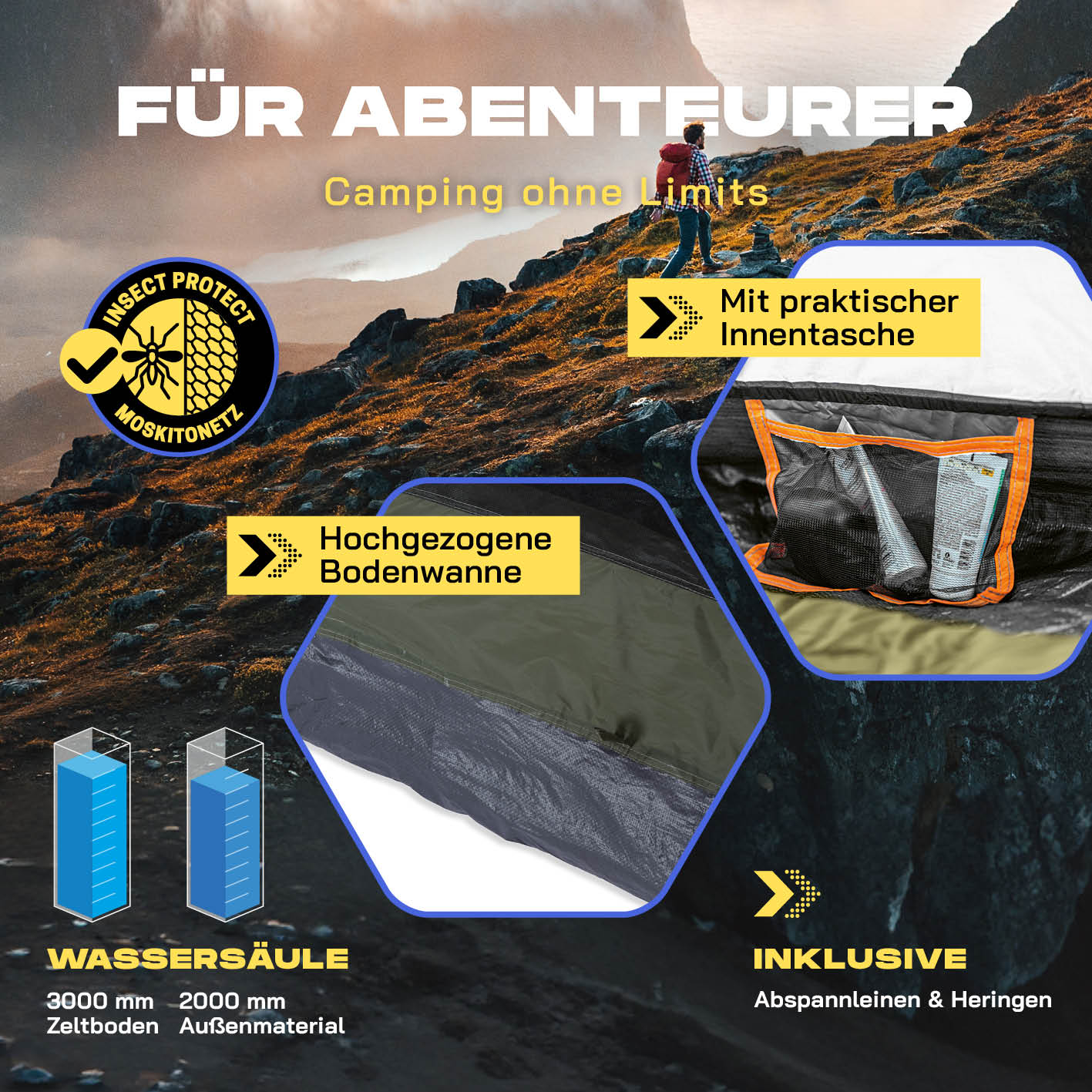 Pop Up Zelt - 3-Personen-Zelt mit Doppeltür- Wurfzelt Trekkingzelt - 210x190x110 cm - Grün
