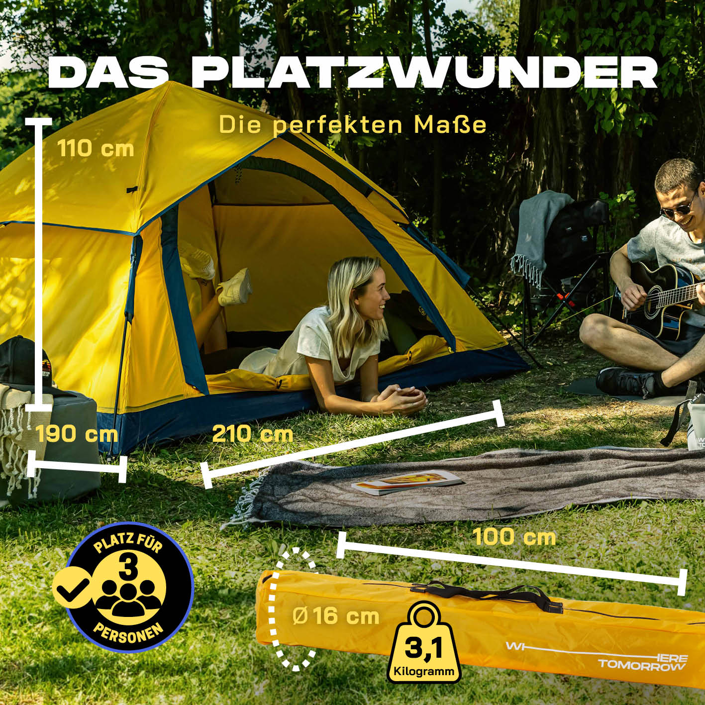 Pop up Wurfzelt für 3 Personen - Gelb, leichtes, wasserfestes Zelt mit schnellem Aufbau und viel Platz für Outdoor, Festival und Strand.