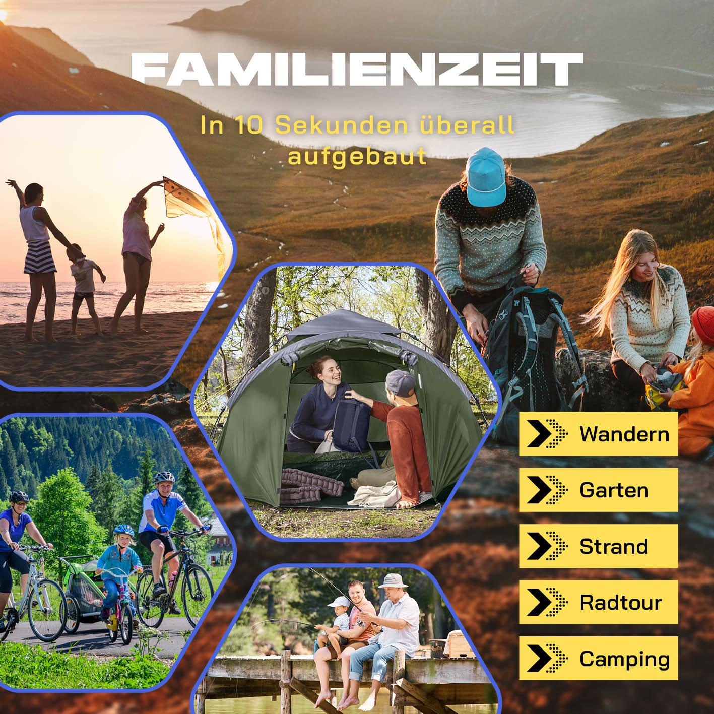 Pop up Familienzelt für 3 Personen - ca. 220 x 220 x 130 cm - Grün, wasserfest, schnell aufgebaut, ideal für Wandern, Strand und Camping.