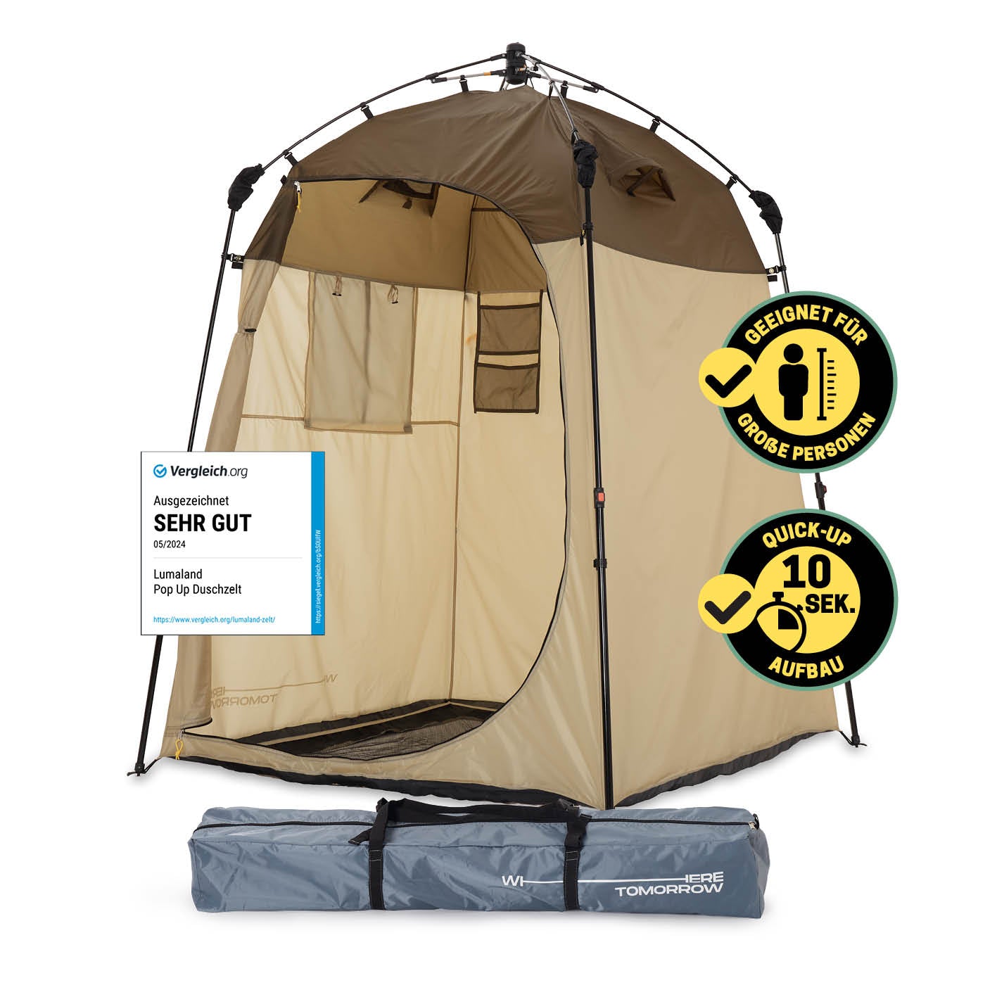 Pop up Duschzelt - 220 cm hoch - Braun, schnelles Aufbauzelt, wasserfest, geeignet als Dusch- und Umkleidezelt, Marke WHERE TOMORROW.