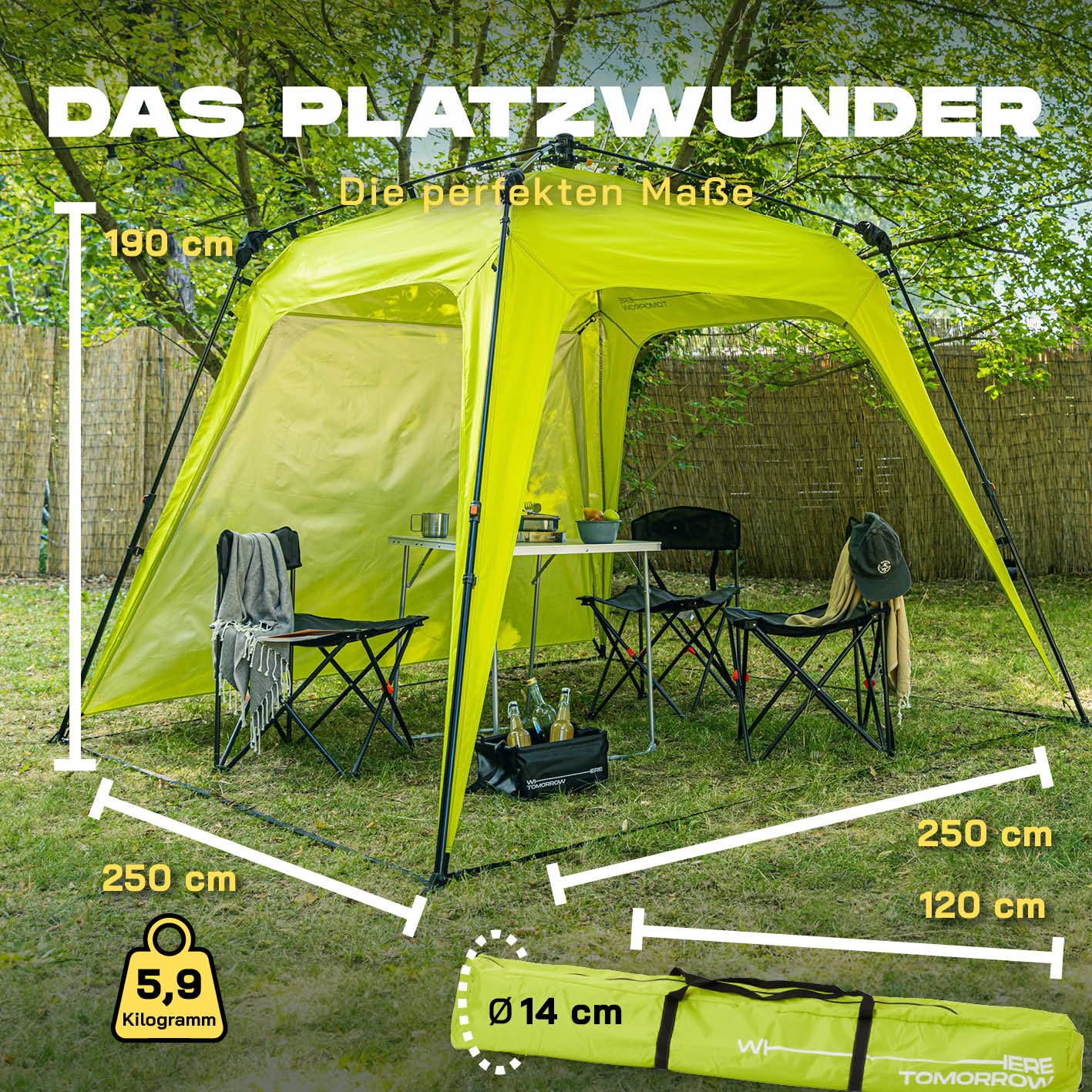 Pop up Pavillon - Grün mit 250x250 cm, 190 cm Höhe, wasserdicht, wetterfest, schneller Auf- und Abbau, ideal für Outdoor und Camping.