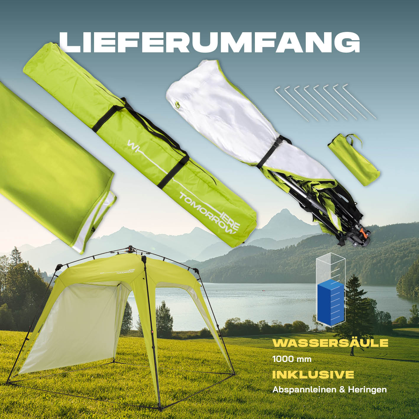 Pop up Pavillon - Grün mit Tragetasche, Seitenwand und Heringen, wetterfest, schneller Aufbau, ideal für Outdoor-Events.
