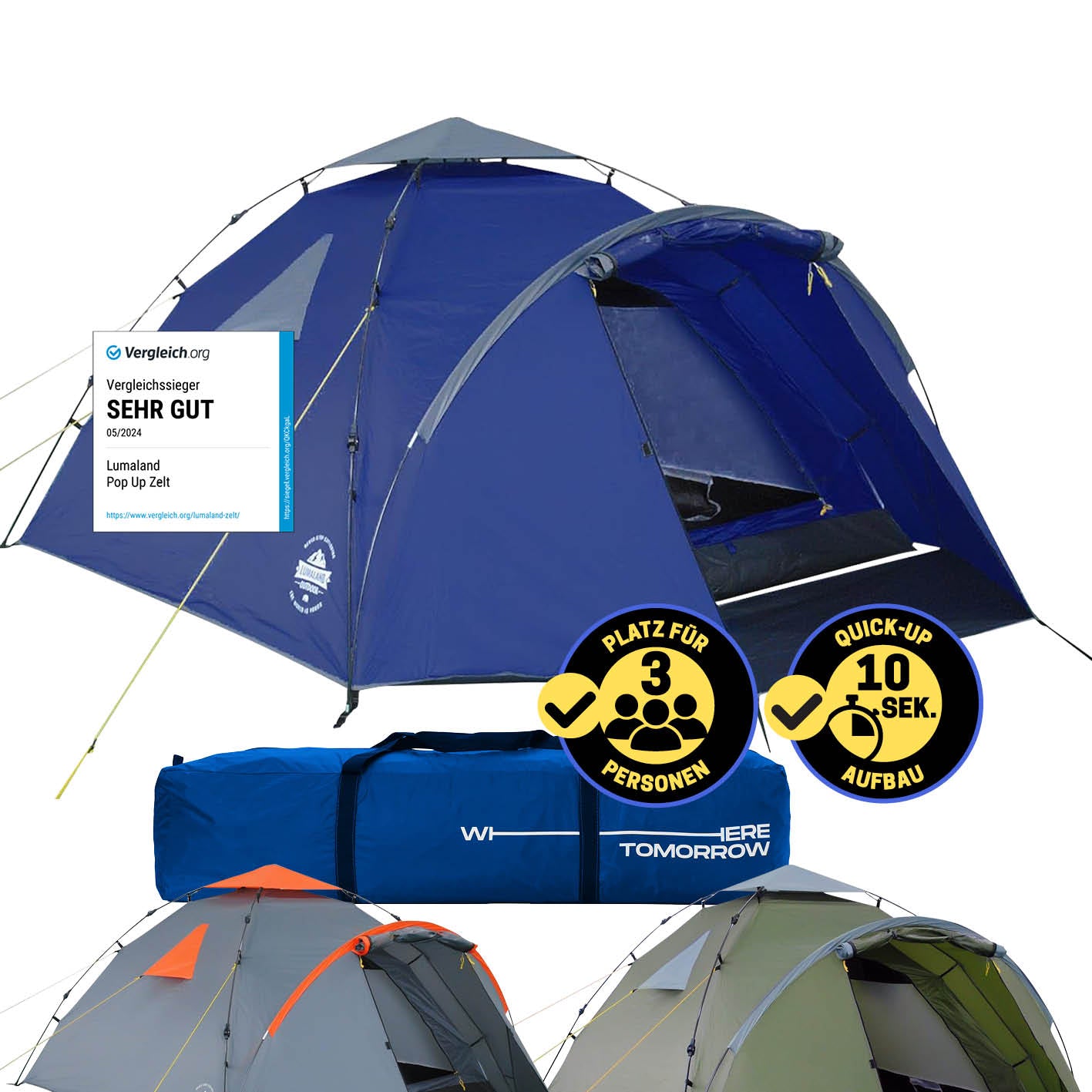 Pop up Familienzelt für 3 Personen - ca. 220 x 220 x 130 cm - Blau, leicht, wasserfest, schneller Quick-Up-Aufbau in 10 Sekunden.