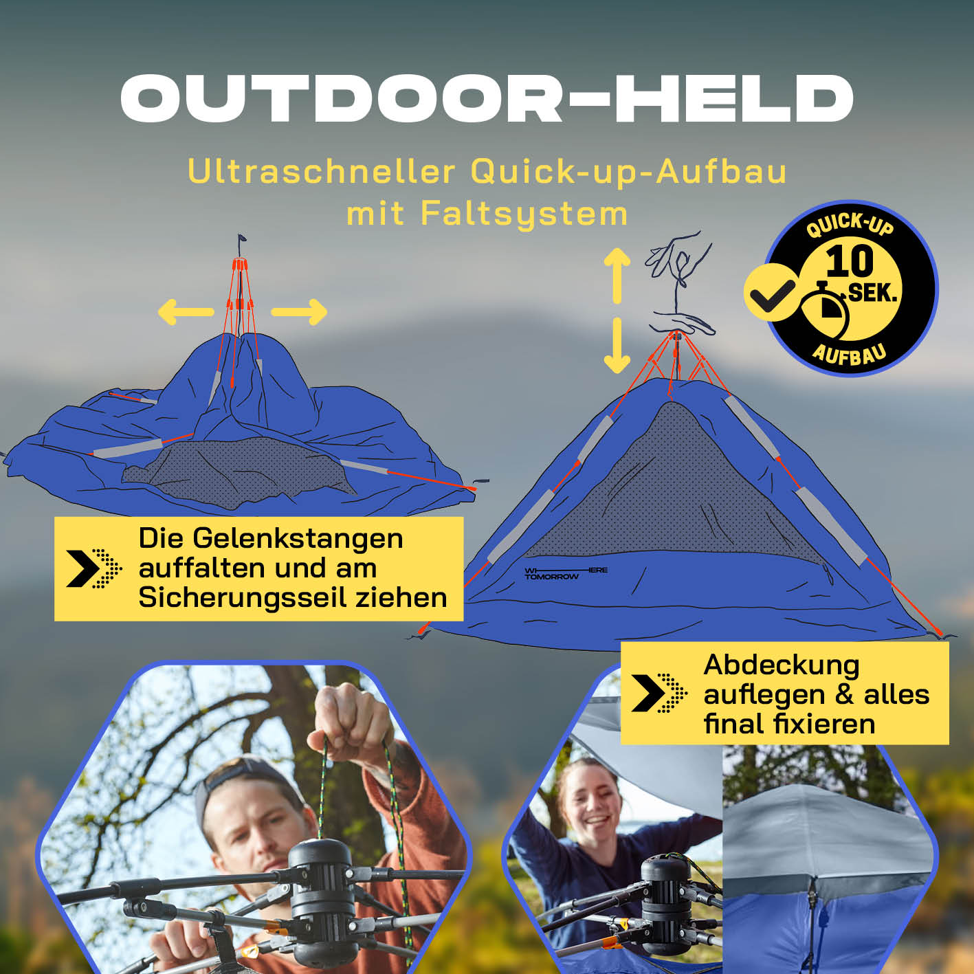 Pop up Familienzelt für 3 Personen - ca. 220 x 220 x 130 cm - Blau mit ultraschnellem 10-Sek-Aufbau und wetterfestem Quick-up-Faltsystem.