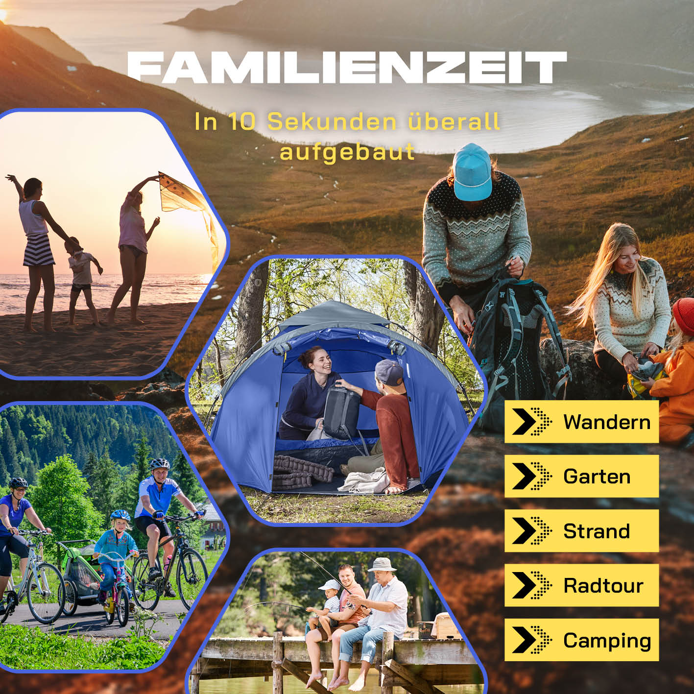 Pop up Familienzelt für 3 Personen - blau, leicht, wasserfest, in 10 Sekunden aufgebaut, ideal für Wandern, Camping, Strand und Radtour.