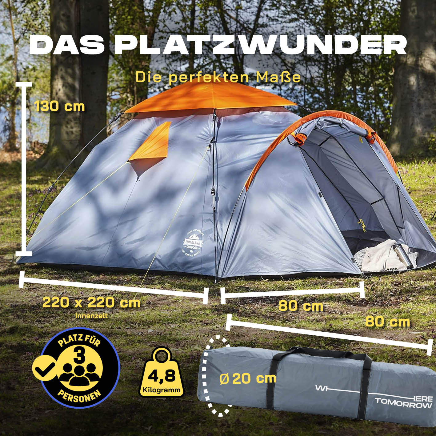 Pop up Familienzelt für 3 Personen - ca. 220 x 220 x 130 cm - Grau, leichtes, wasserfestes Outdoor-Zelt mit schnellem Aufbau.