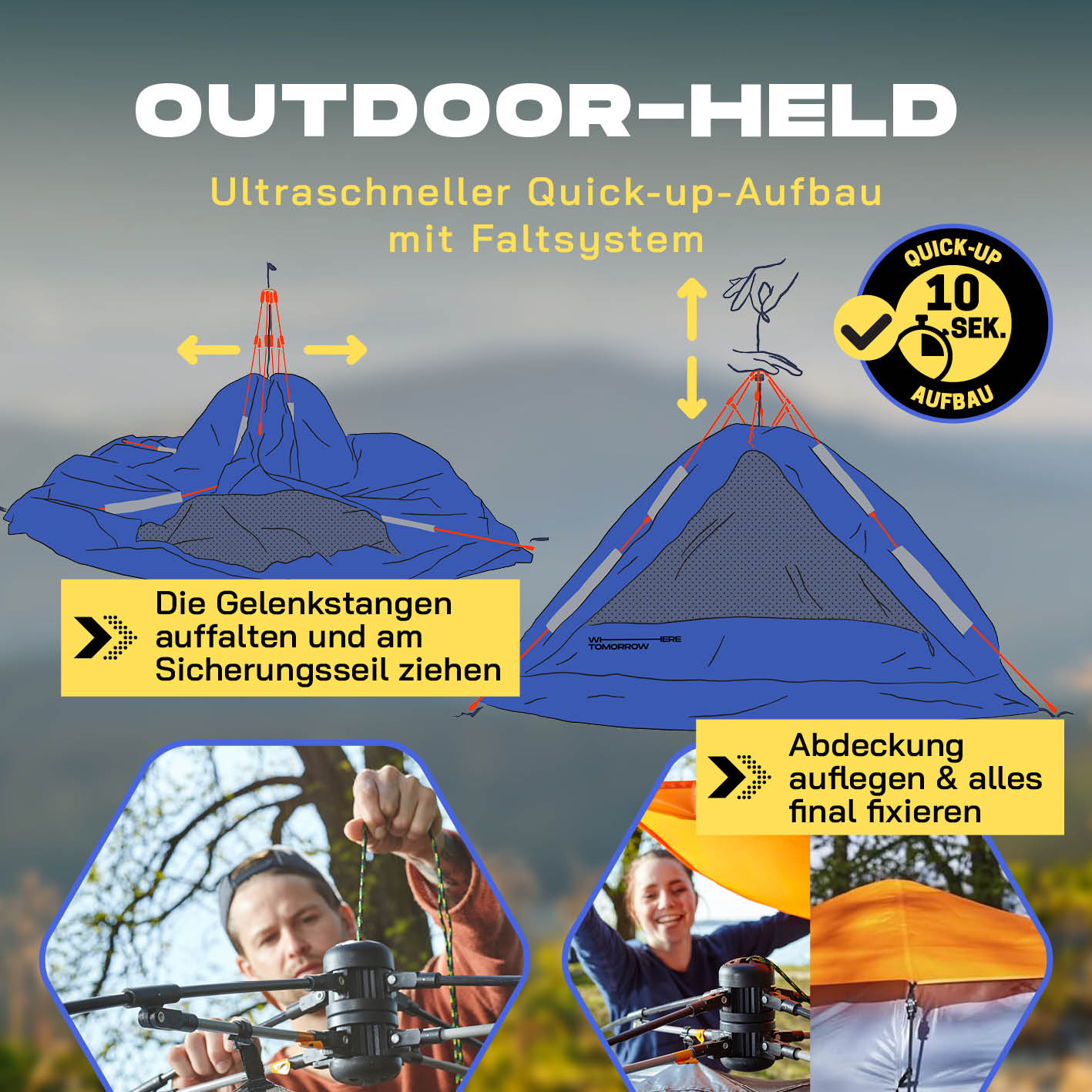 Pop up Familienzelt für 3 Personen - ca. 220 x 220 x 130 cm - Grau mit ultraschnellem Quick-up-Aufbau in 10 Sekunden.