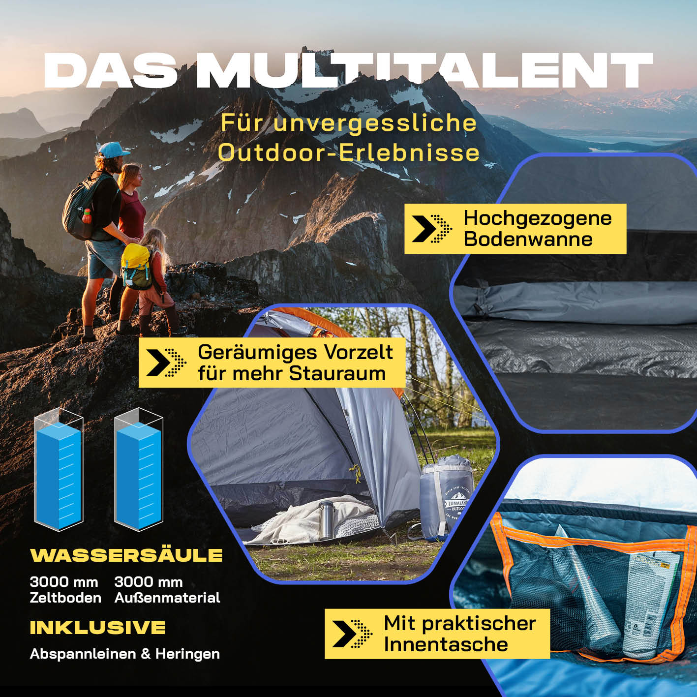 Pop up Familienzelt für 3 Personen - ca. 220 x 220 x 130 cm - Grau mit schneller Aufbauzeit, geräumigem Vorzelt und praktischer Innentasche.