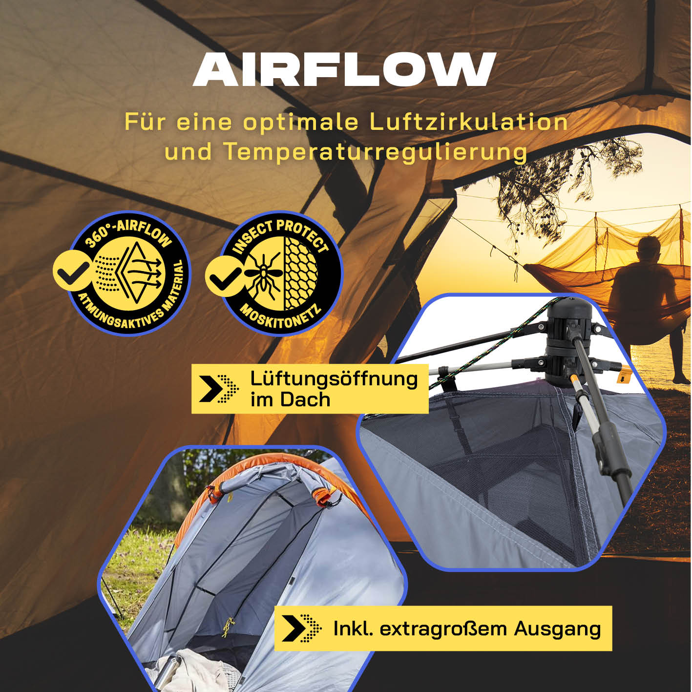 Pop up Familienzelt für 3 Personen - ca. 220 x 220 x 130 cm - Grau mit optimaler Luftzirkulation und extra großem Ausgang.