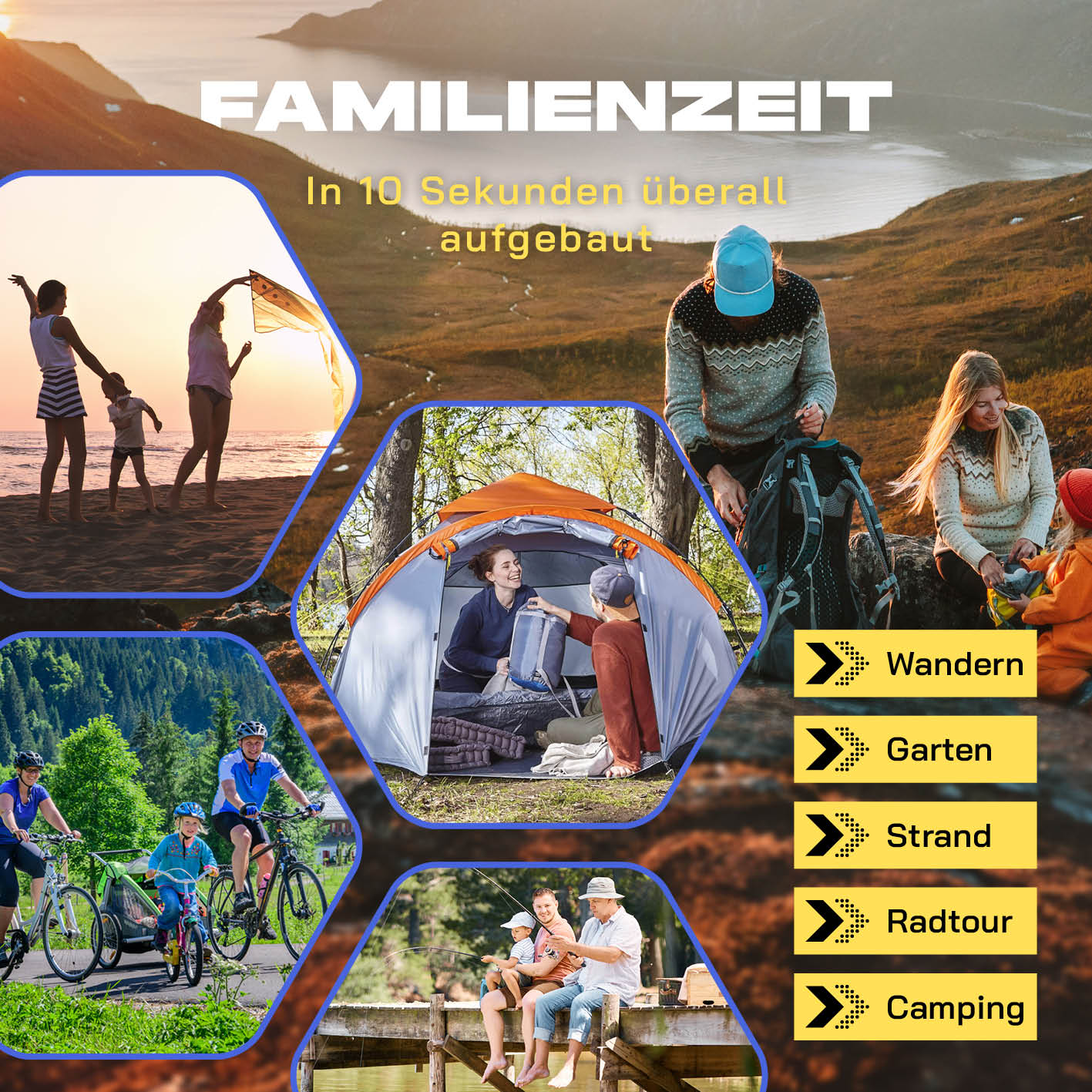 Pop up Familienzelt für 3 Personen - ca. 220 x 220 x 130 cm - Grau, leicht, schnelles Aufstellen, ideal für Camping, Strand und Outdoor.