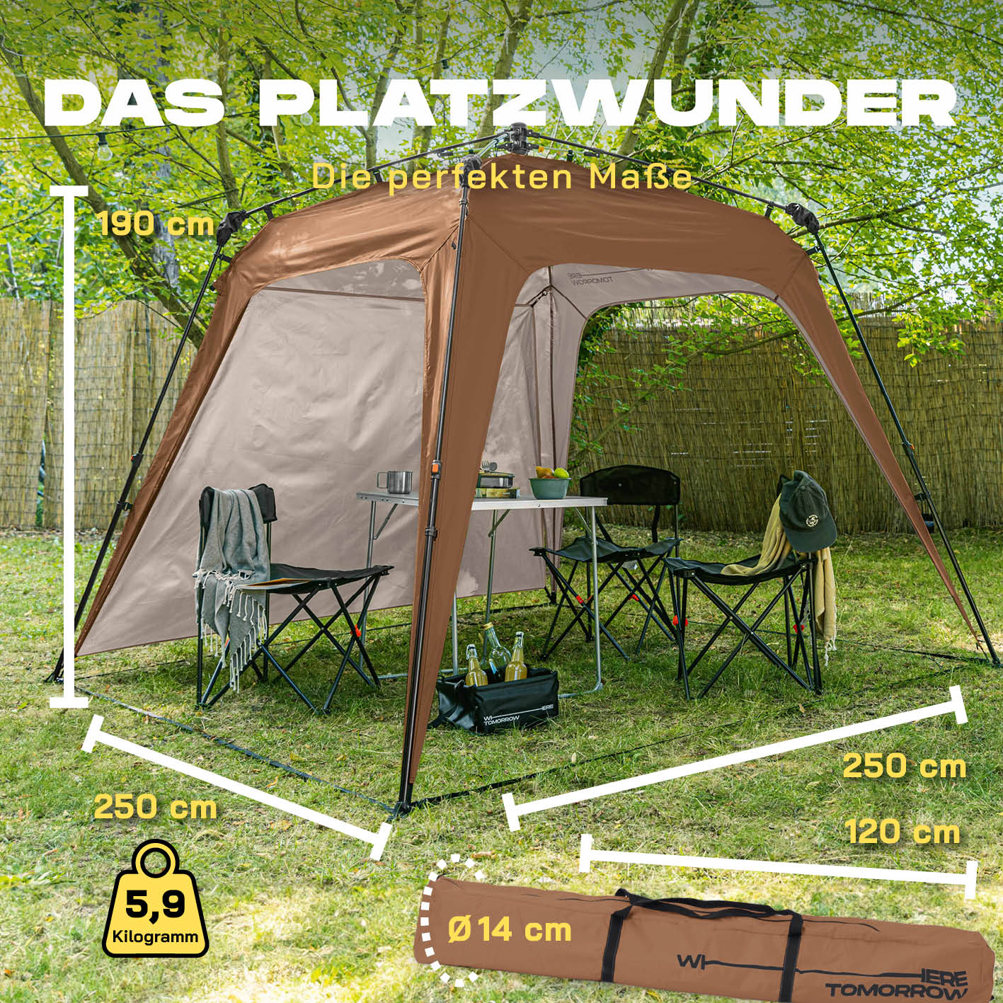 Pop up Pavillon - Kamelbraun, wetterfestes und schnelles 10-Sekunden Partyzelt mit Seitenwand, ideal für Outdoor-Events und Camping.