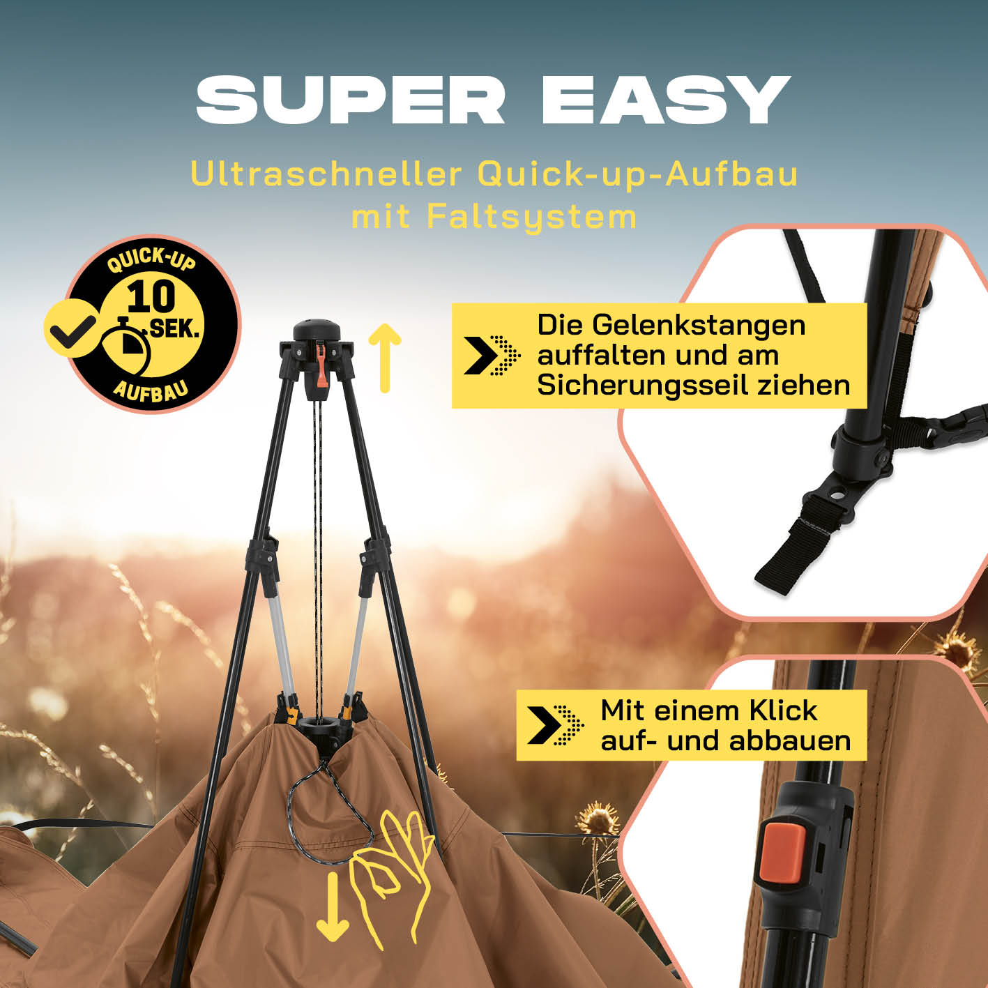 Pop up Pavillon - Kamelbraun mit ultraschnellem Quick-up Aufbau in 10 Sekunden dank einfachem Faltsystem, wetterfest und vielseitig einsetzbar.