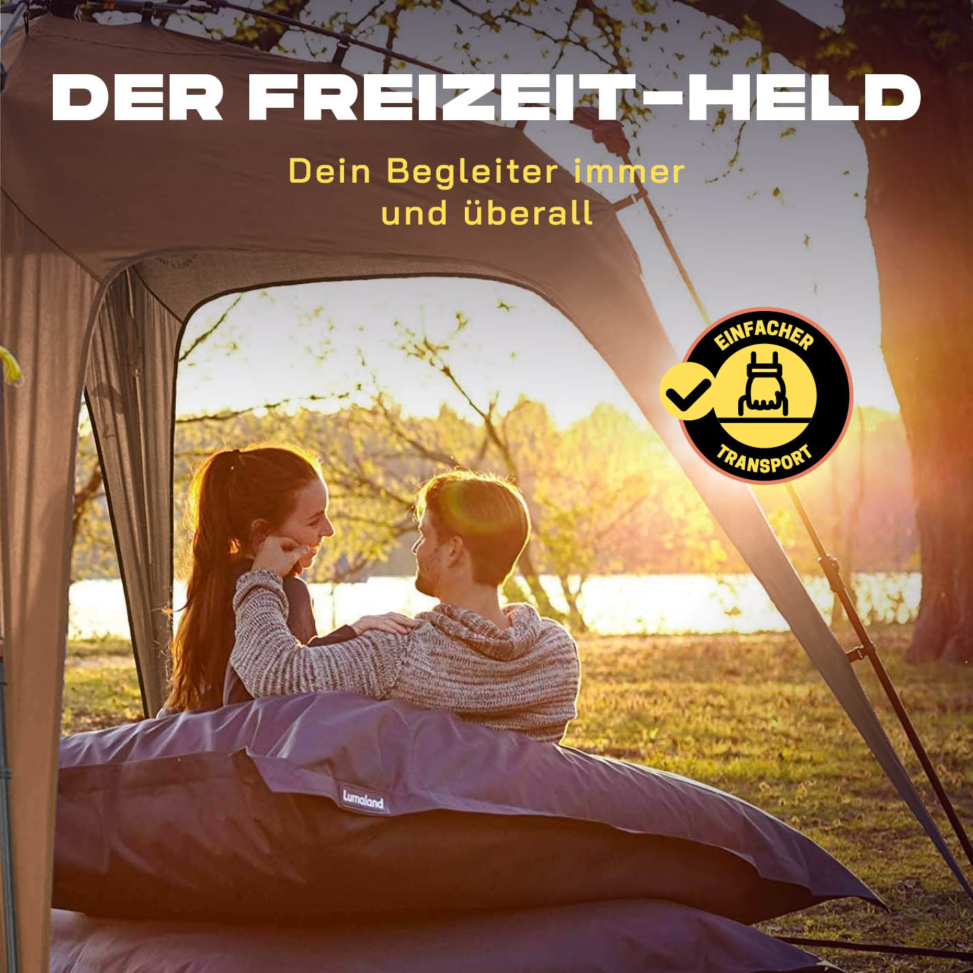 Pop up Pavillon - Kamelbraun im Einsatz bei Sonnenuntergang, wetterfestes Outdoor-Zelt einfacher Aufbau und Transport.