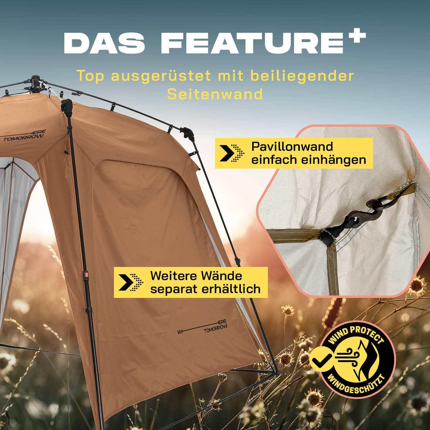 Pop up Pavillon - Kamelbraun mit beiliegender Seitenwand für einfachen Aufbau und Windschutz, wasserfest und wetterbeständig