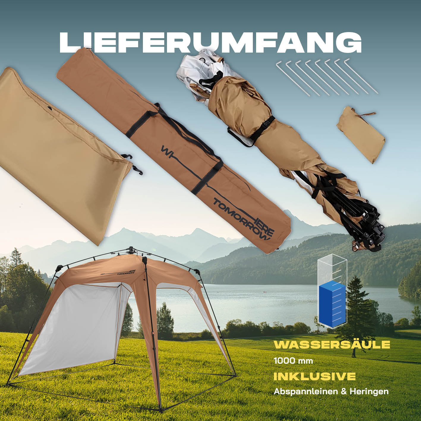Pop up Pavillon - Kamelbraun mit Ultraschnellem Auf- und Abbau, wasserfest, inklusive Seitenwand, Abspannleinen und Heringen.