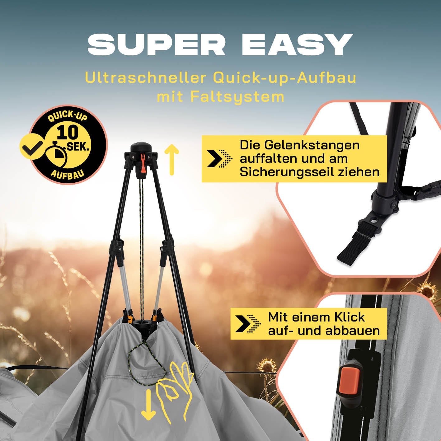 Pop up Pavillon - Hellgrau mit ultraschnellem Quick-up-Aufbau in 10 Sekunden dank praktischem Faltsystem und Klick-Verschluss.
