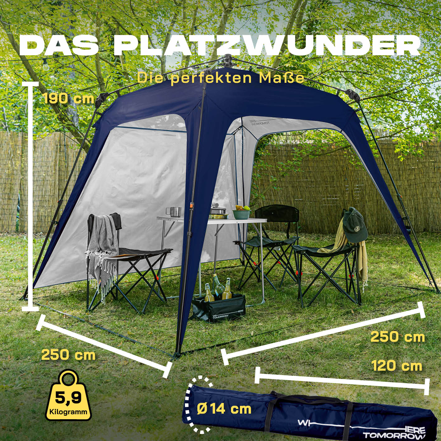 Pop up Pavillon - Navy, wetterfester Gartenpavillon 250x250 cm, einfacher Quick-Up-Aufbau in 10 Sekunden, inkl. Seitenwand, 5,9 kg.
