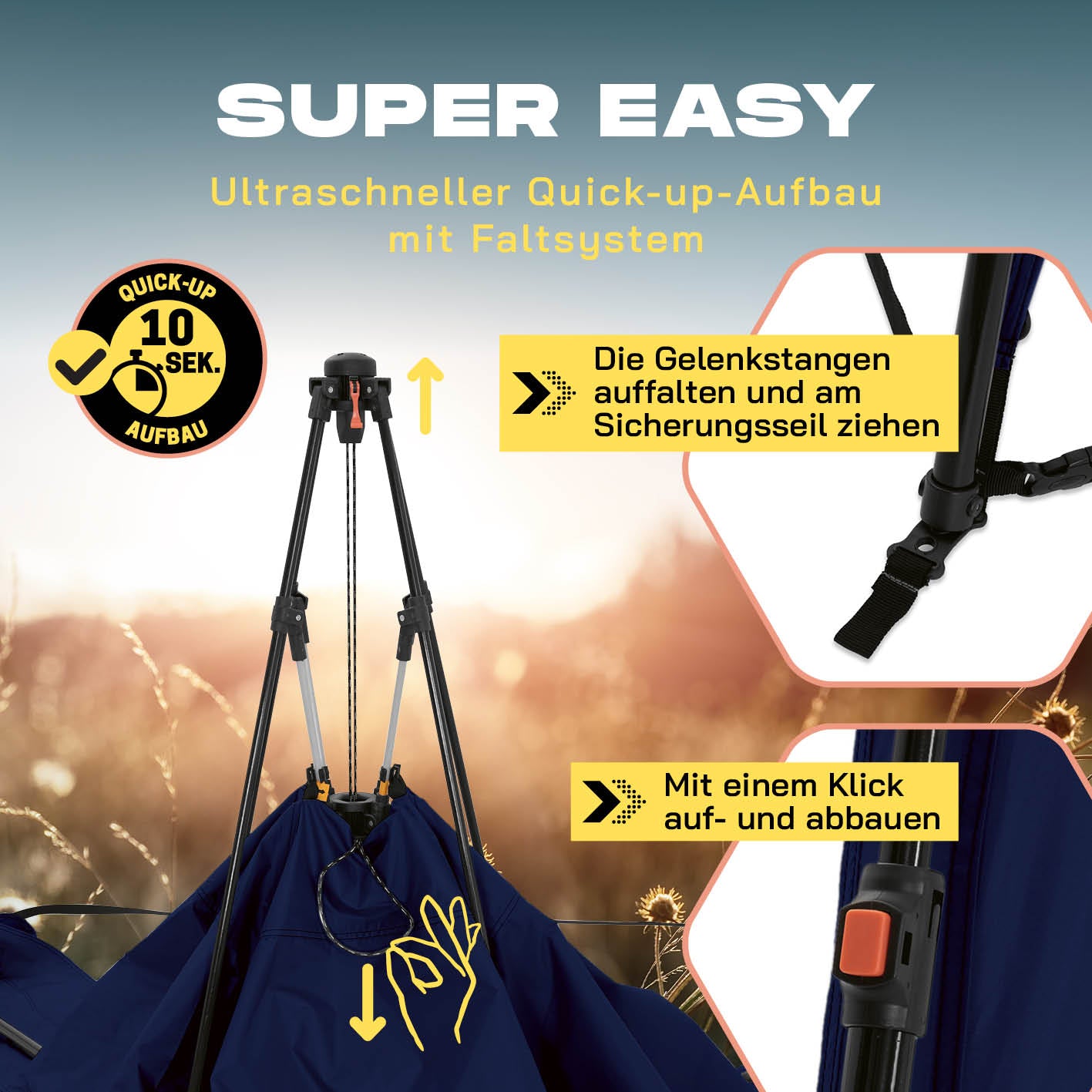 Pop up Pavillon - Navy mit ultraschnellem Quick-up-Aufbau, faltbare Gelenkstangen und einfachem Klickverschluss für schnellen Auf- und Abbau.