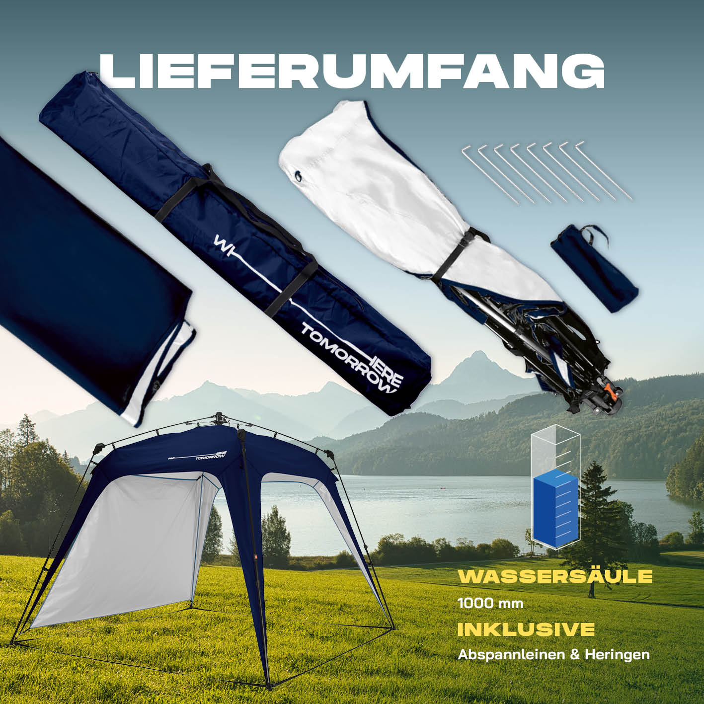 Pop up Pavillon - Navy mit Tragetasche, Seitenwand, Abspannleinen und Heringen für schnellen Aufbau und Wetterfestigkeit.