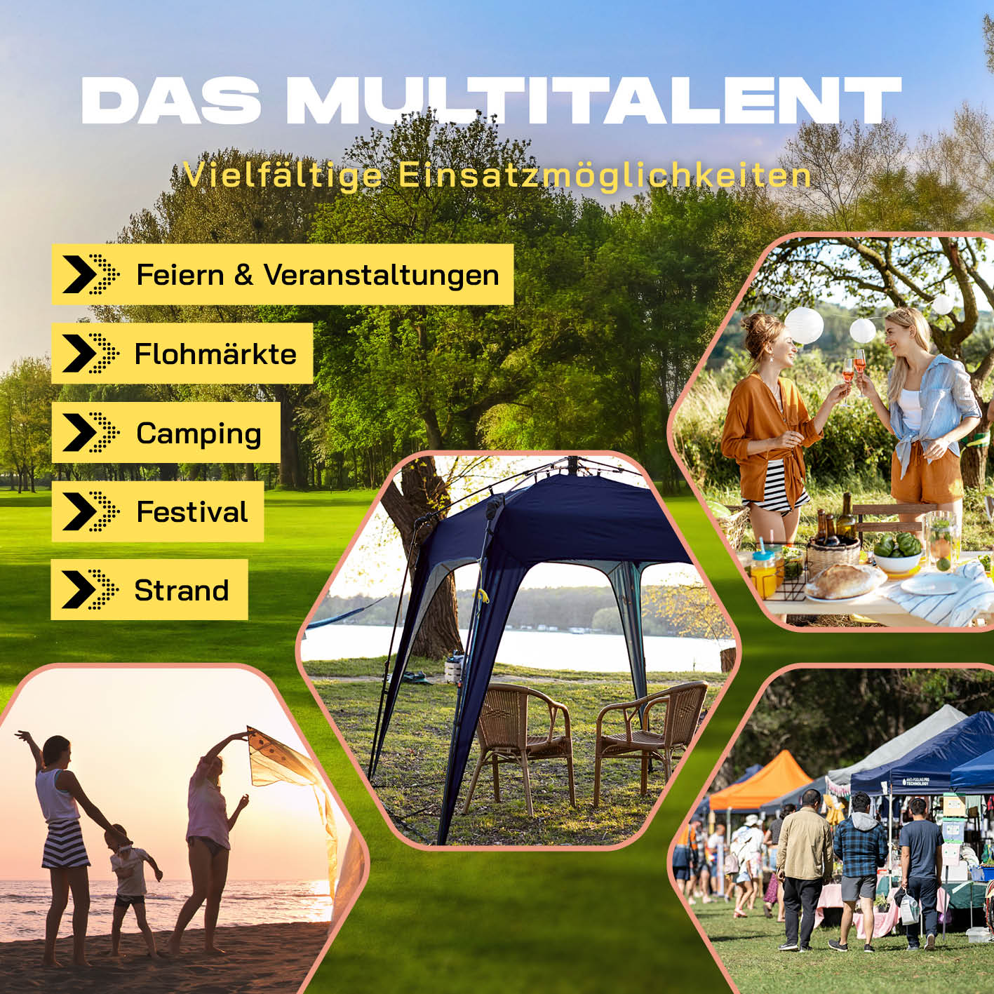 Pop up Pavillon - Navy für Camping, Feiern, Flohmärkte und Festivals, schnell aufzubauen, wasserfest und mit Seitenschutz.