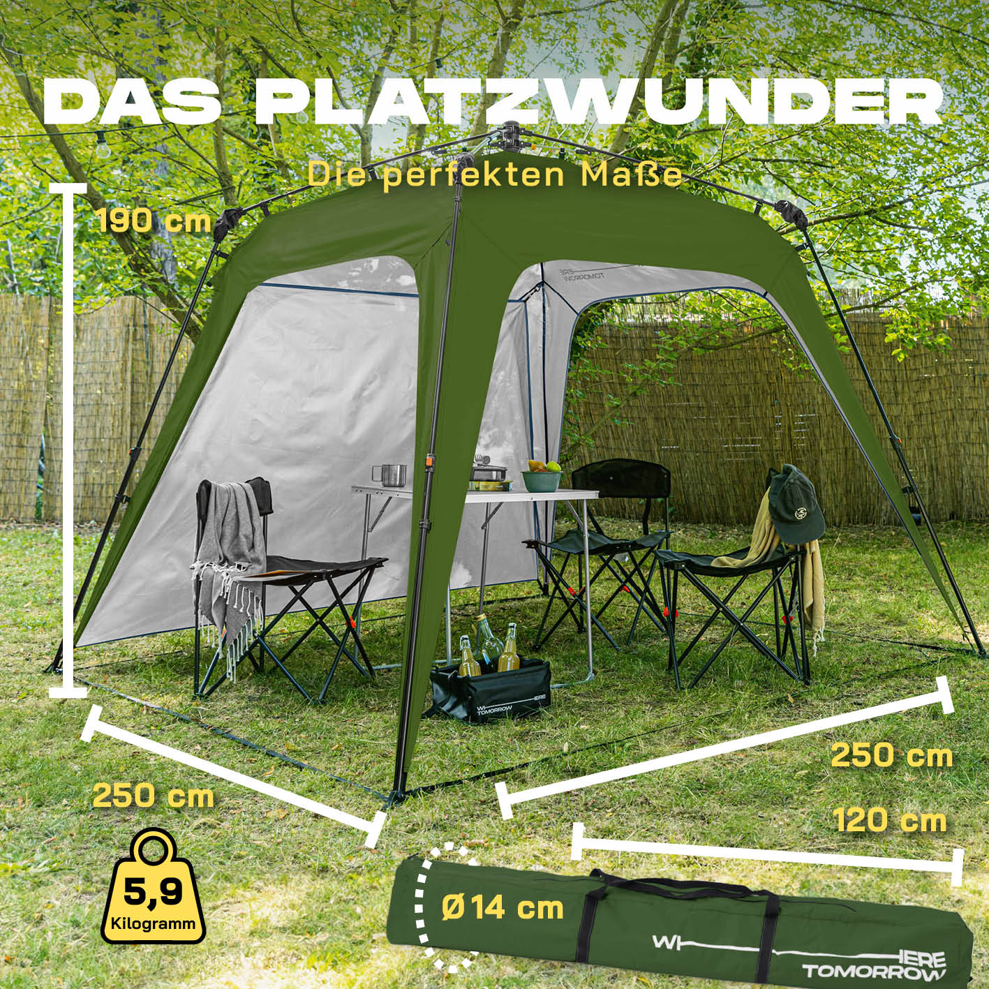 Pop up Pavillon - Dunkelgrün, wetterfestes Partyzelt mit Seitenwand, 250x250 cm, ideal für Camping, Festivals und Gartenfeiern.