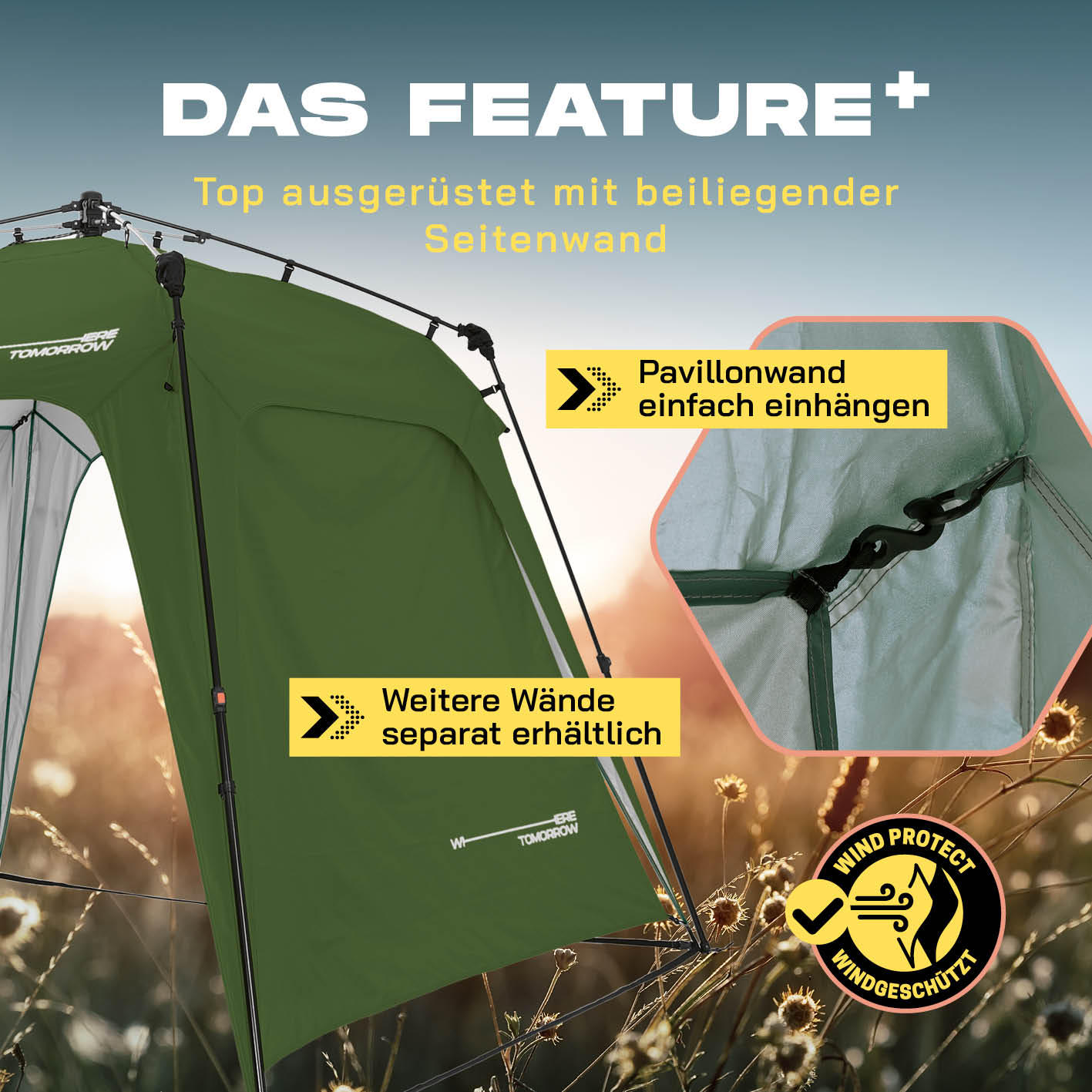Pop up Pavillon - Dunkelgrün mit beiliegender Seitenwand, windgeschützt und wetterfest für vielseitige Outdoor-Einsätze.