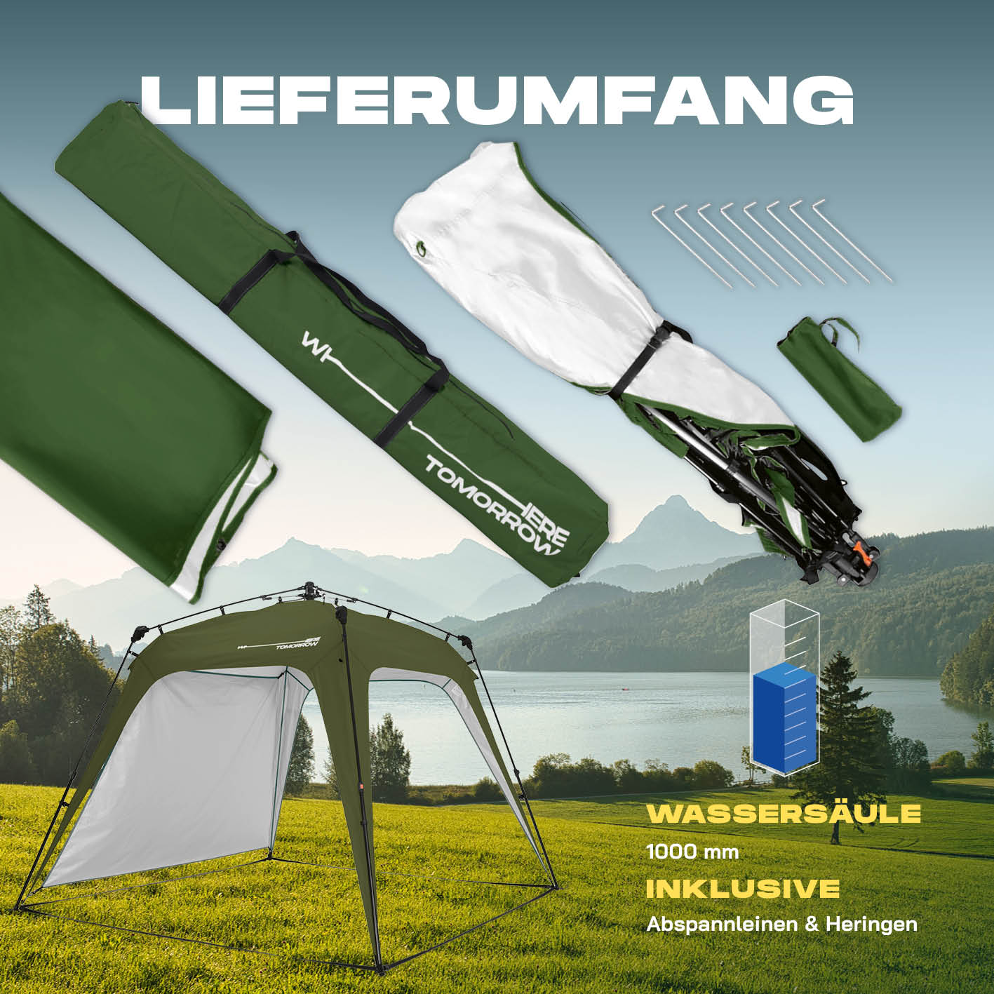 Pop up Pavillon - Dunkelgrün mit praktischem Zubehör, wetterfest, schneller Aufbau und inklusive Seitenwand und Heringen.