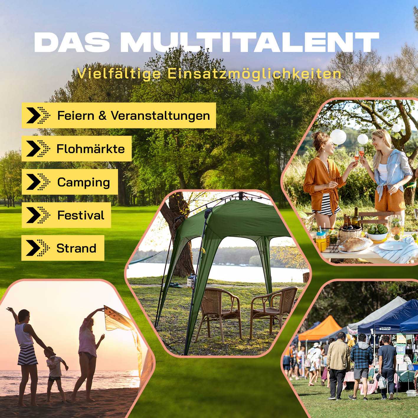 Pop up Pavillon - Dunkelgrün, vielseitig einsetzbar für Feiern, Camping, Festival, schnell aufgebaut, wetterfest mit Seitenwand.