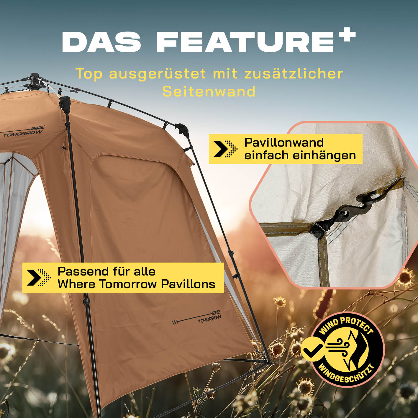 Pop Up Pavillon Gartenzelt - Seitenwand Kamelbraun aus 190T Polyester, PU-beschichtet, windgeschützt, passend für Where Tomorrow Pavillons.