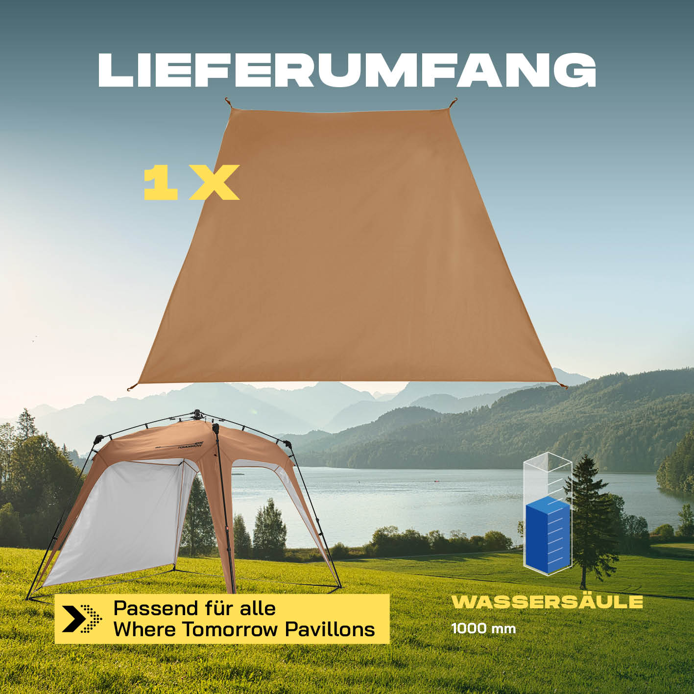 Pop Up Pavillon Gartenzelt - Seitenwand Kamelbraun aus 190T Polyester, PU-beschichtet, wetterfest, passend für Where Tomorrow Pavillons.