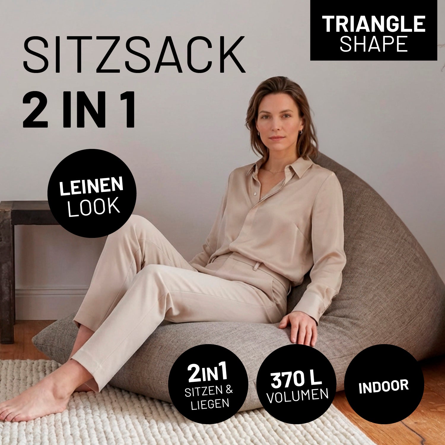 Sitzsack Interior Line (370 L) - indoor - Hellgrau in Dreiecksform mit Leinenoptik für bequemes Sitzen und Liegen im Wohnbereich.