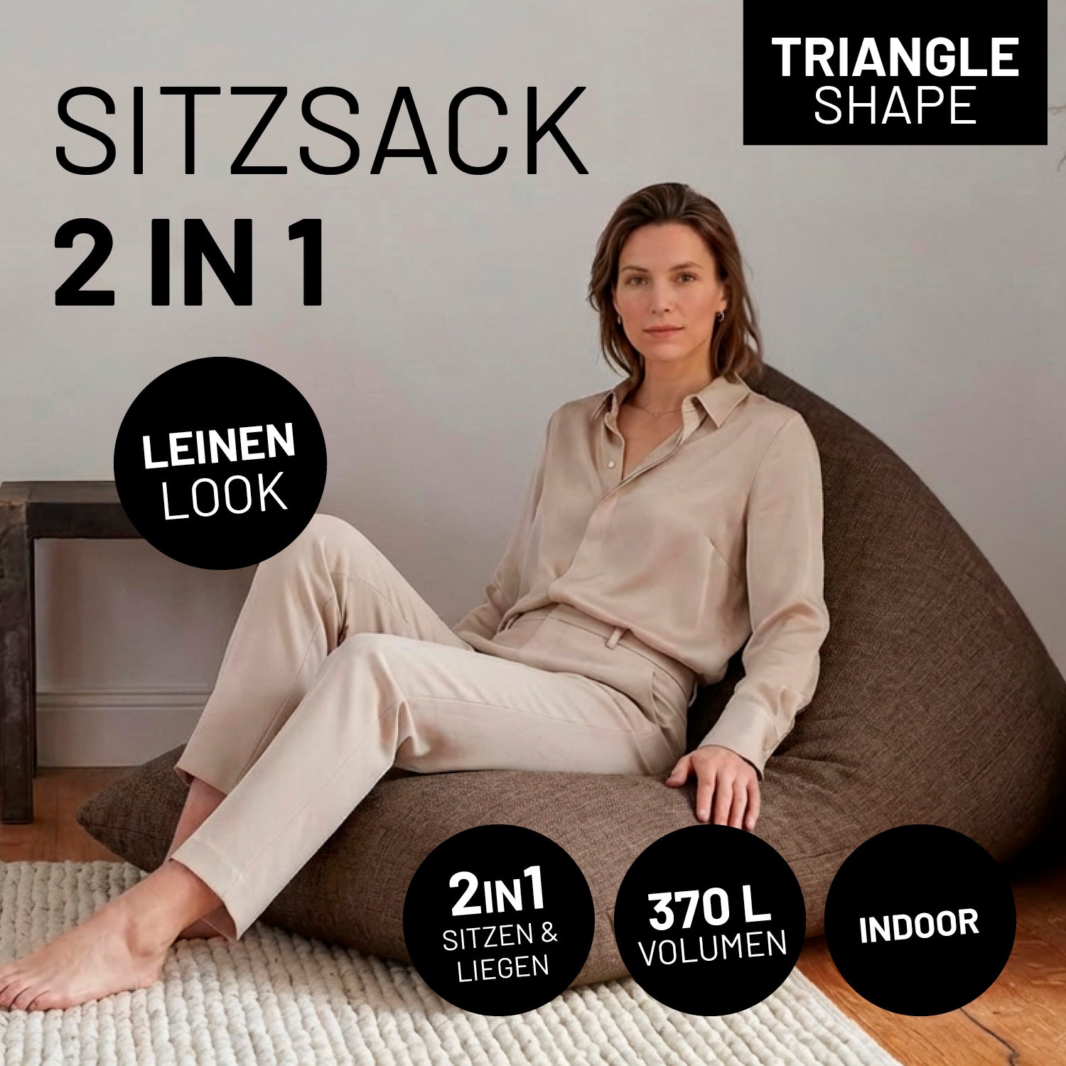 Sitzsack Interior Line (370 L) - indoor - Braun im 2-in-1 Design mit Leinenoptik und dreieckiger Form zum Sitzen und Liegen.
