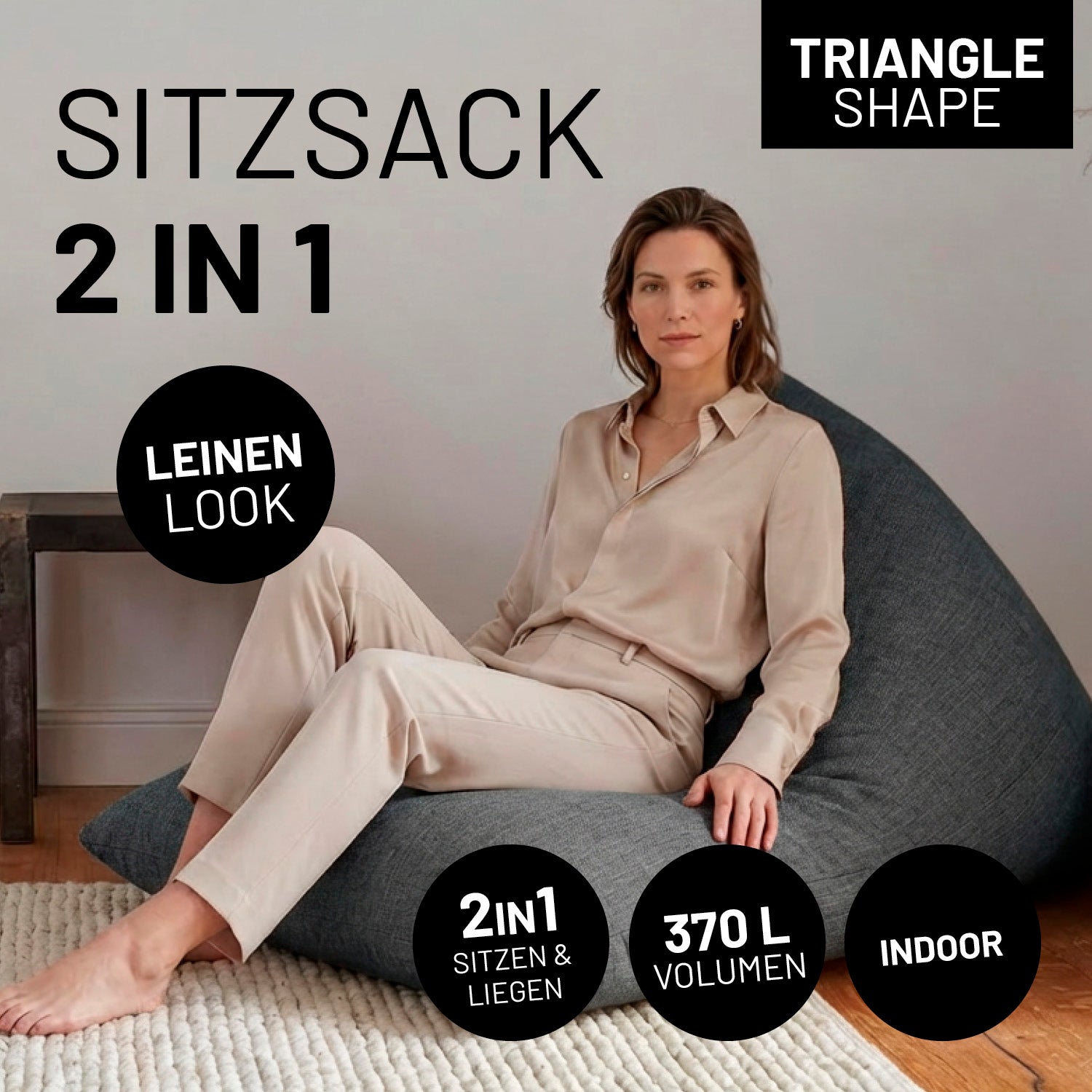 Sitzsack Interior Line (370 L) - indoor - Dunkelgrau mit Dreiecksform, Leinenoptik und 2-in-1 Design zum Sitzen und Liegen.