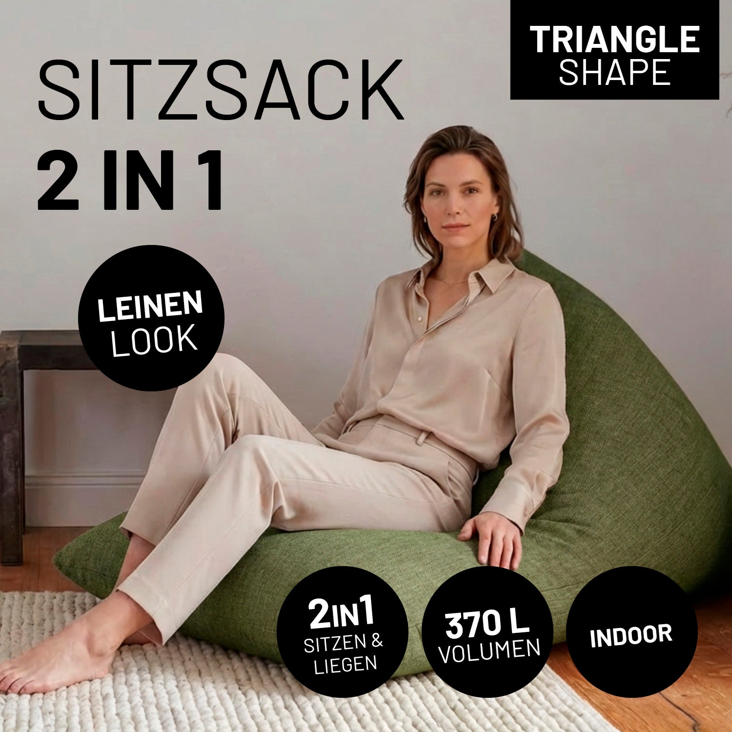 Sitzsack Interior Line (370 L) - indoor - Lime, dreieckig, Leinenoptik, 2-in-1 Sitz- und Liegefläche, modernes Design
