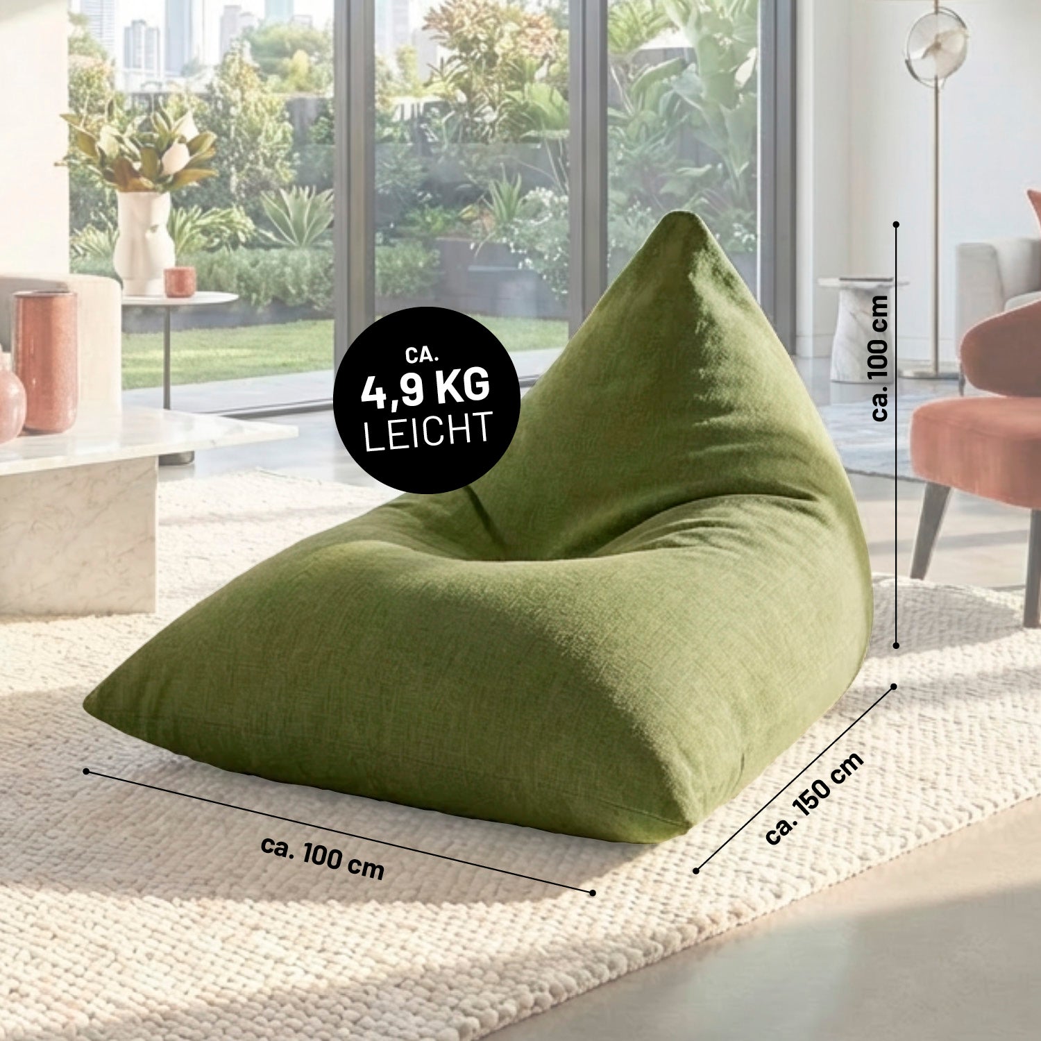 Sitzsack Interior Line (370 L) - indoor - Lime, dreieckiger Sitzsack in Leinenoptik, leicht und modern für Wohnzimmer geeignet