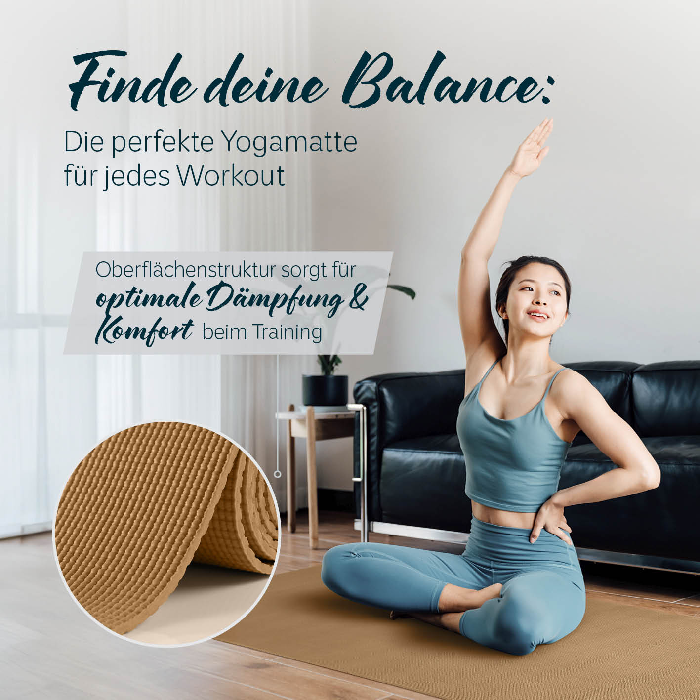 Yogamatte Kirana - 183 x 61 x 0,4 cm - Caramel mit weicher Oberfläche für optimale Dämpfung und Komfort beim Training.