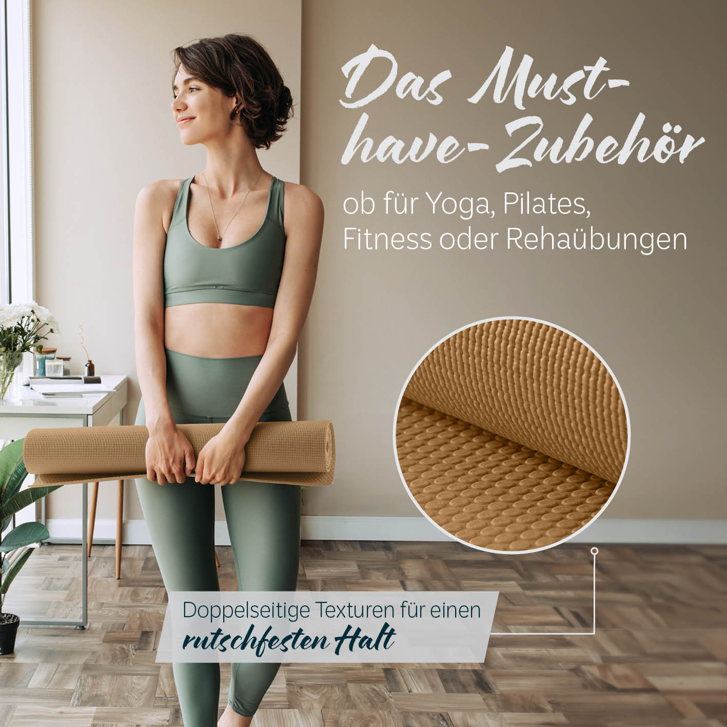 Yogamatte Kirana - 183 x 61 x 0,4 cm - Caramel mit weicher Oberfläche, rutschfest und flexibel für Yoga, Pilates und Fitness.