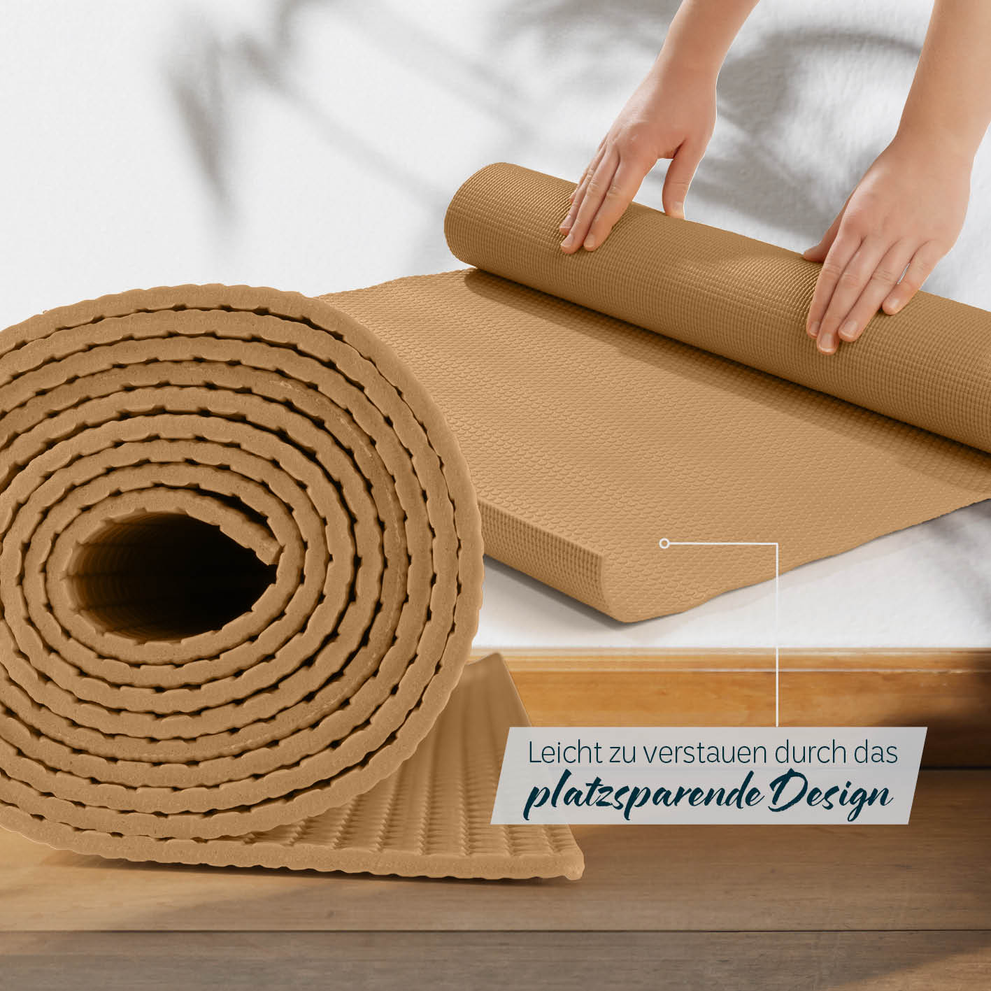 Yogamatte Kirana - 183 x 61 x 0,4 cm - Caramel, weiche, flexible und pflegeleichte ECO-PVC Trainingsmatte für Pilates und Fitness.