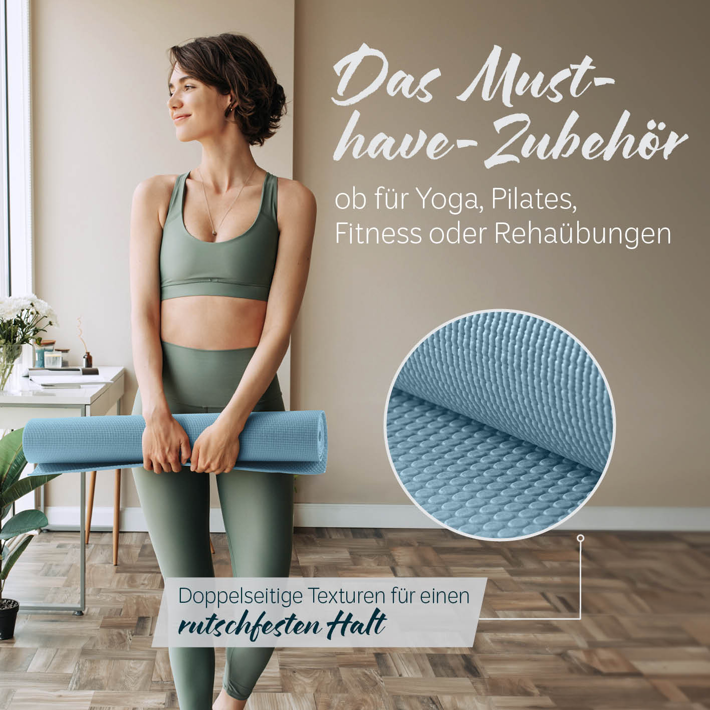 Yogamatte Kirana - 183 x 61 x 0,4 cm - Kiesel mit weicher Oberfläche und rutschfesten, doppelseitigen Texturen für Yoga, Pilates und Fitness.