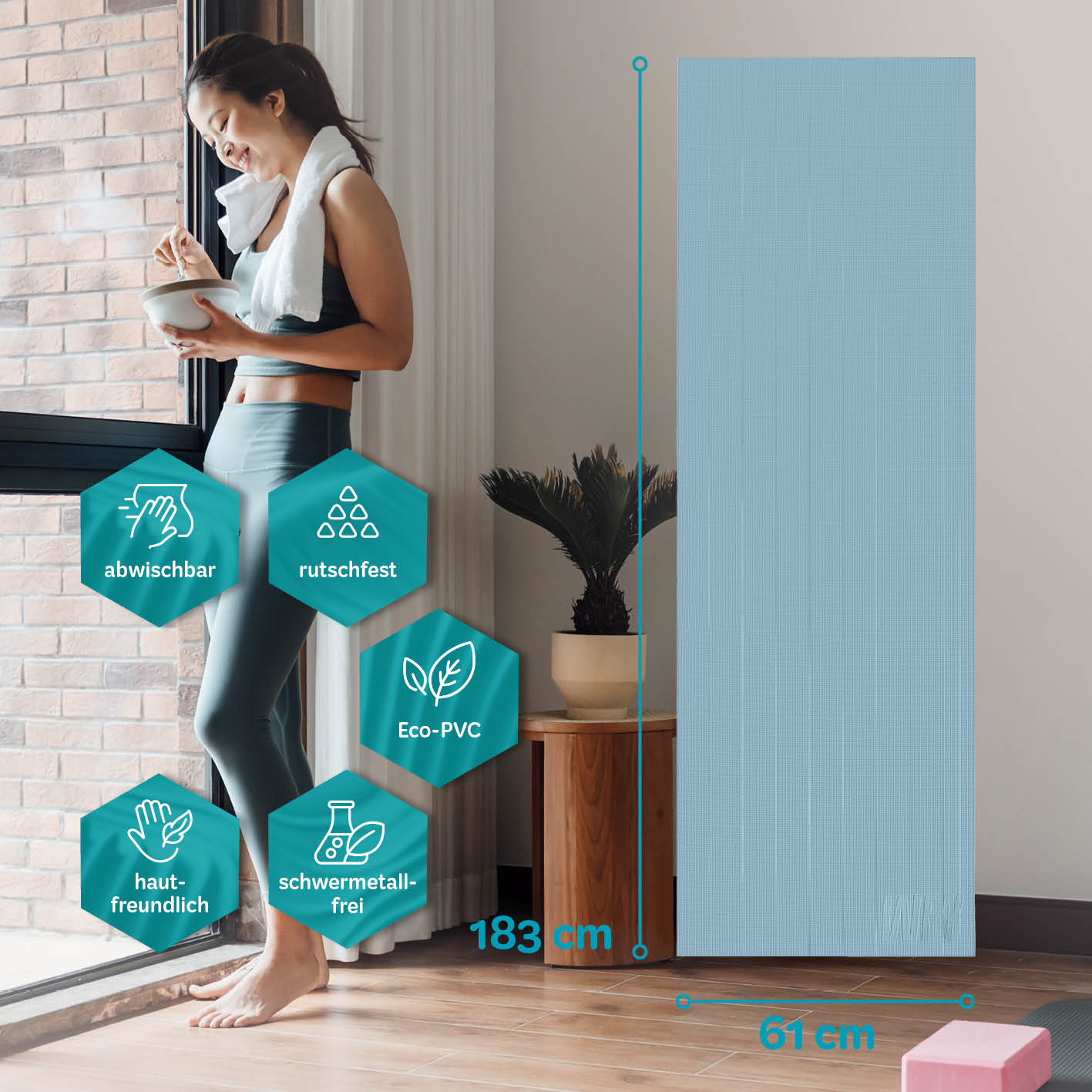 Yogamatte Kirana - 183 x 61 x 0,4 cm - Kiesel, weiche, rutschfeste Trainingsmatte aus hautfreundlichem, phthalatfreiem ECO-PVC, abwischbar.