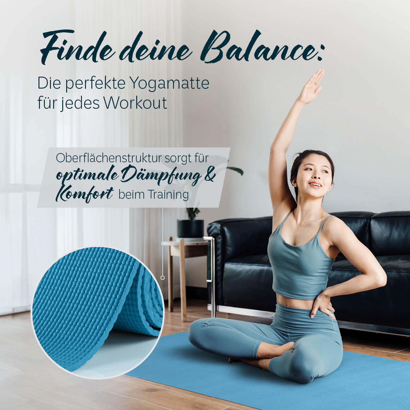Yogamatte Kirana - 183 x 61 x 0,4 cm - Petrol mit weicher Oberfläche für optimale Dämpfung und Komfort beim Training.