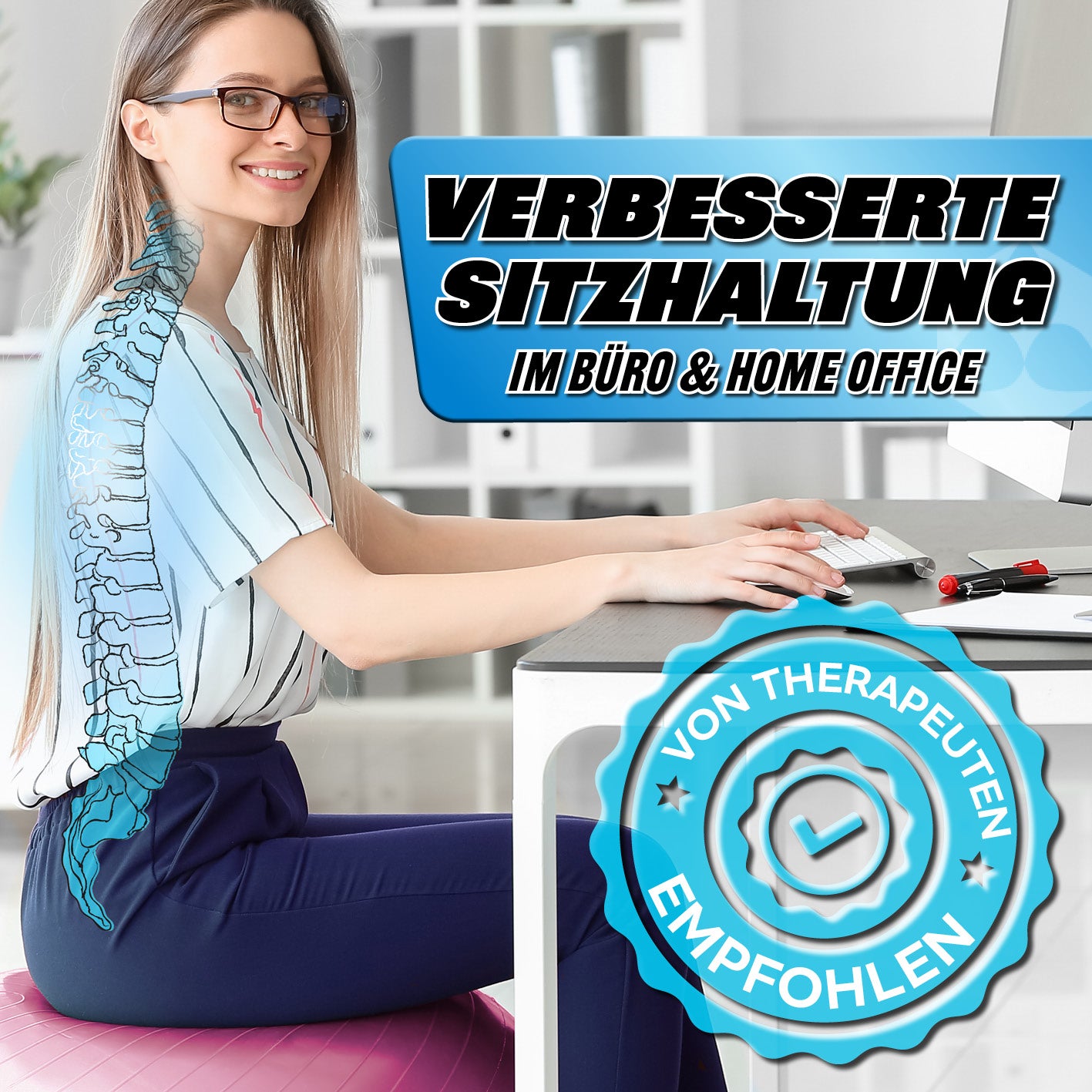 Gymnastikball inkl. Ballpumpe - Fitness Sitzball - Pink - 65 cm für verbesserte Sitzhaltung im Büro und Home Office.