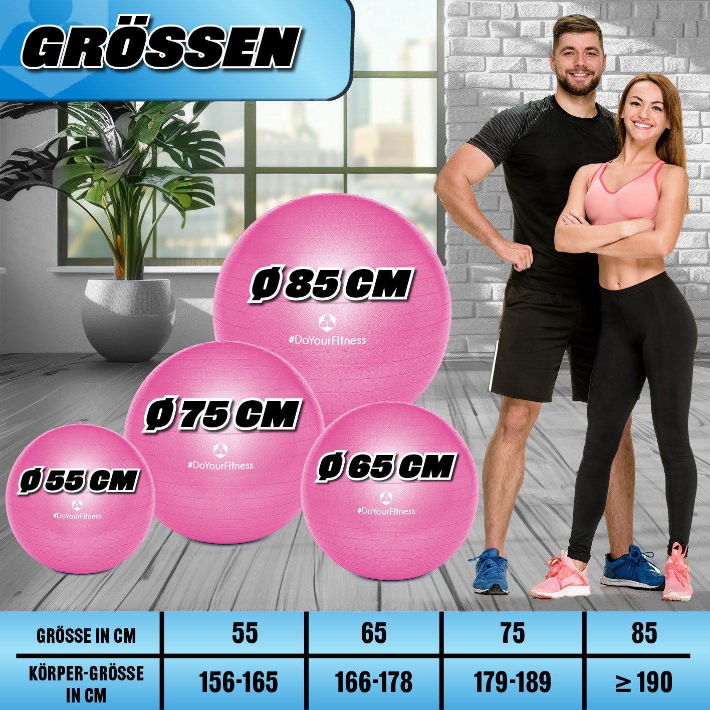 Gymnastikball inkl. Ballpumpe - Fitness Sitzball - Pink - 75 cm mit drei weiteren Größen und zwei sportlichen Personen im Hintergrund