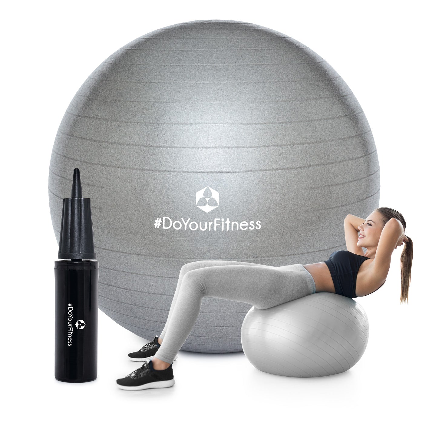 Gymnastikball inkl. Ballpumpe - Fitness Sitzball - Silber - 65 cm mit Pumpe und Frau beim Bauchmuskeltraining.