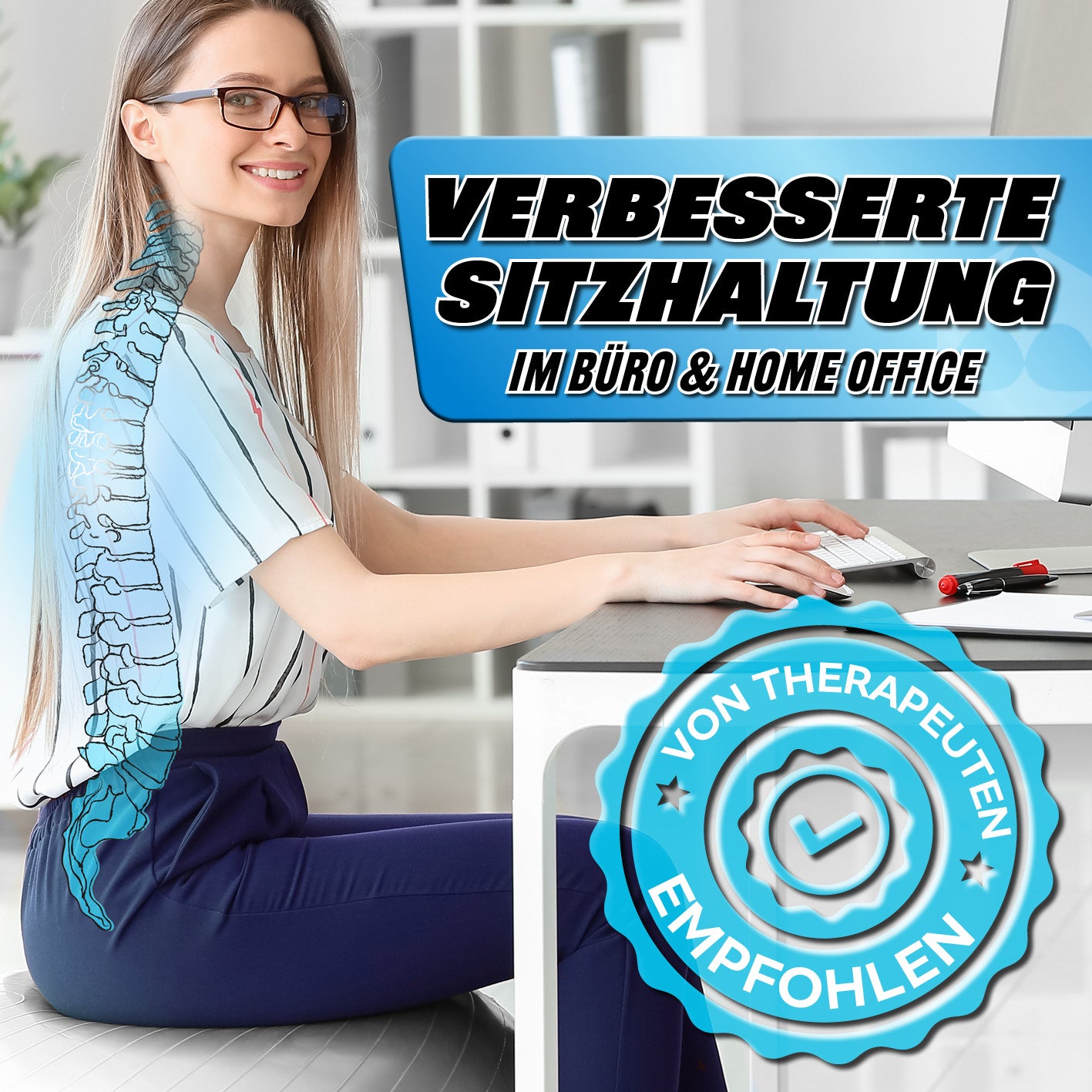 Gymnastikball inkl. Ballpumpe - Fitness Sitzball Silber 65 cm für verbesserte Sitzhaltung im Büro und Home Office empfohlen von Therapeuten.
