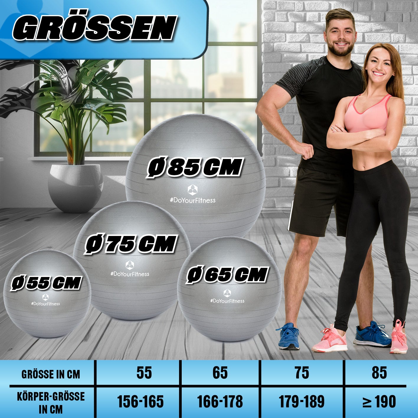 Gymnastikball inkl. Ballpumpe - Fitness Sitzball - Silber - 85 cm mit Größenübersicht und Eignung nach Körpergröße, vor Sport-Setup.