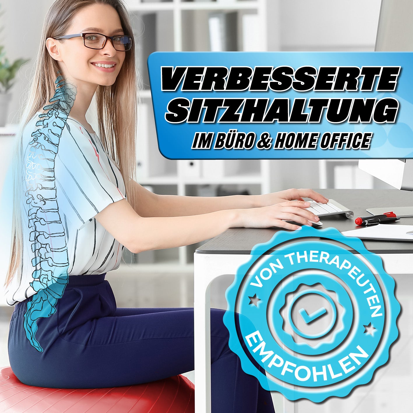 Gymnastikball inkl. Ballpumpe - Fitness Sitzball - Rot - 65 cm für verbesserte Sitzhaltung im Büro und Home Office.