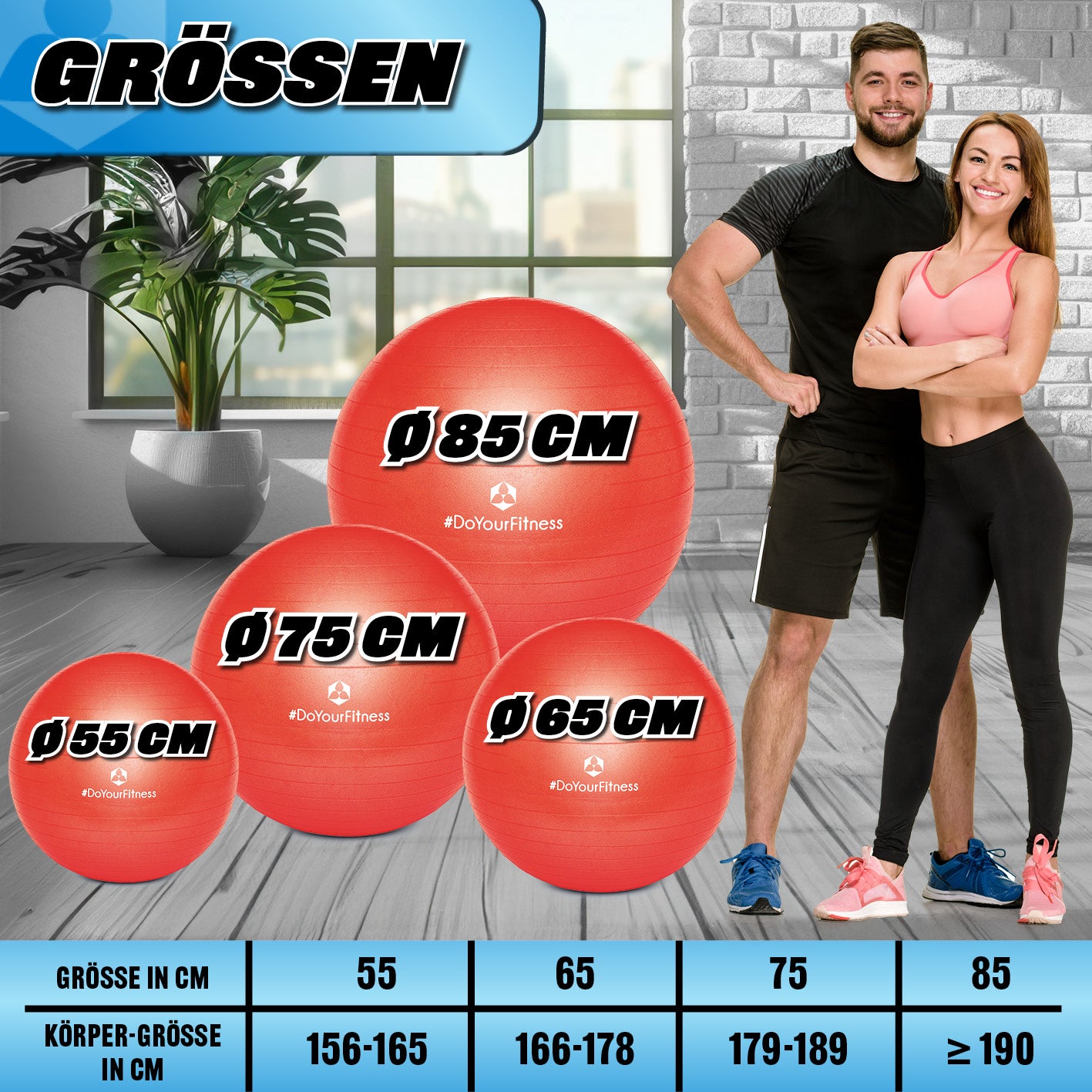 Gymnastikball inkl. Ballpumpe - Fitness Sitzball - Rot - 75 cm mit Größenvergleich und Körpergrößentabelle für optimale Sitzhaltung.
