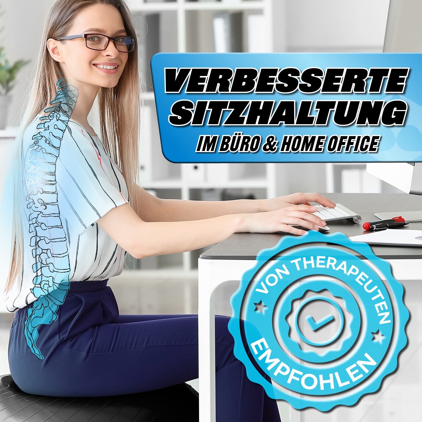 Gymnastikball inkl. Ballpumpe - Fitness Sitzball - Schwarz - 55 cm für verbesserte Sitzhaltung im Büro und Home Office.