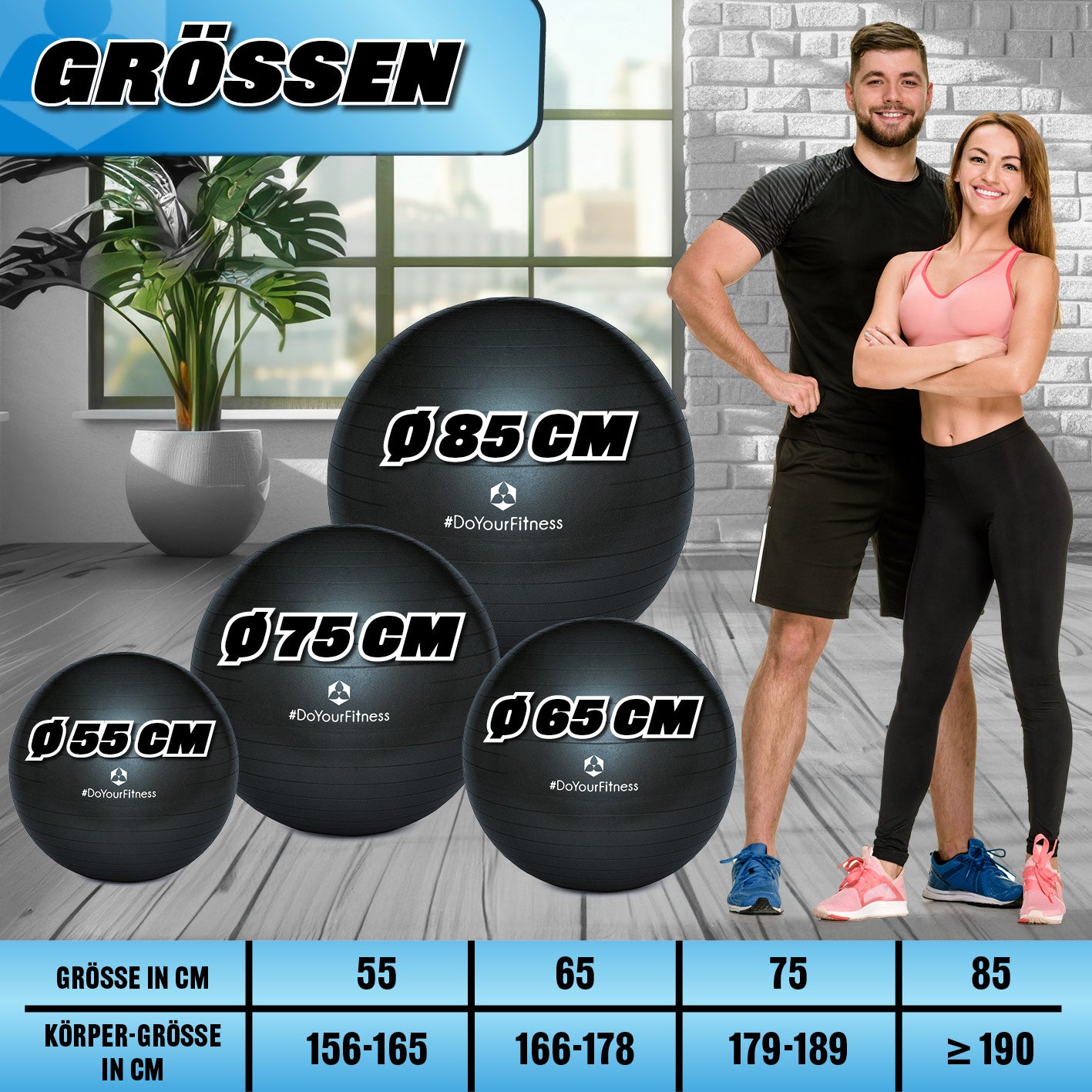 Gymnastikball inkl. Ballpumpe - Fitness Sitzball - Schwarz - 55 cm mit Größenvergleich und Anwendungstipps für unterschiedliche Körpergrößen.